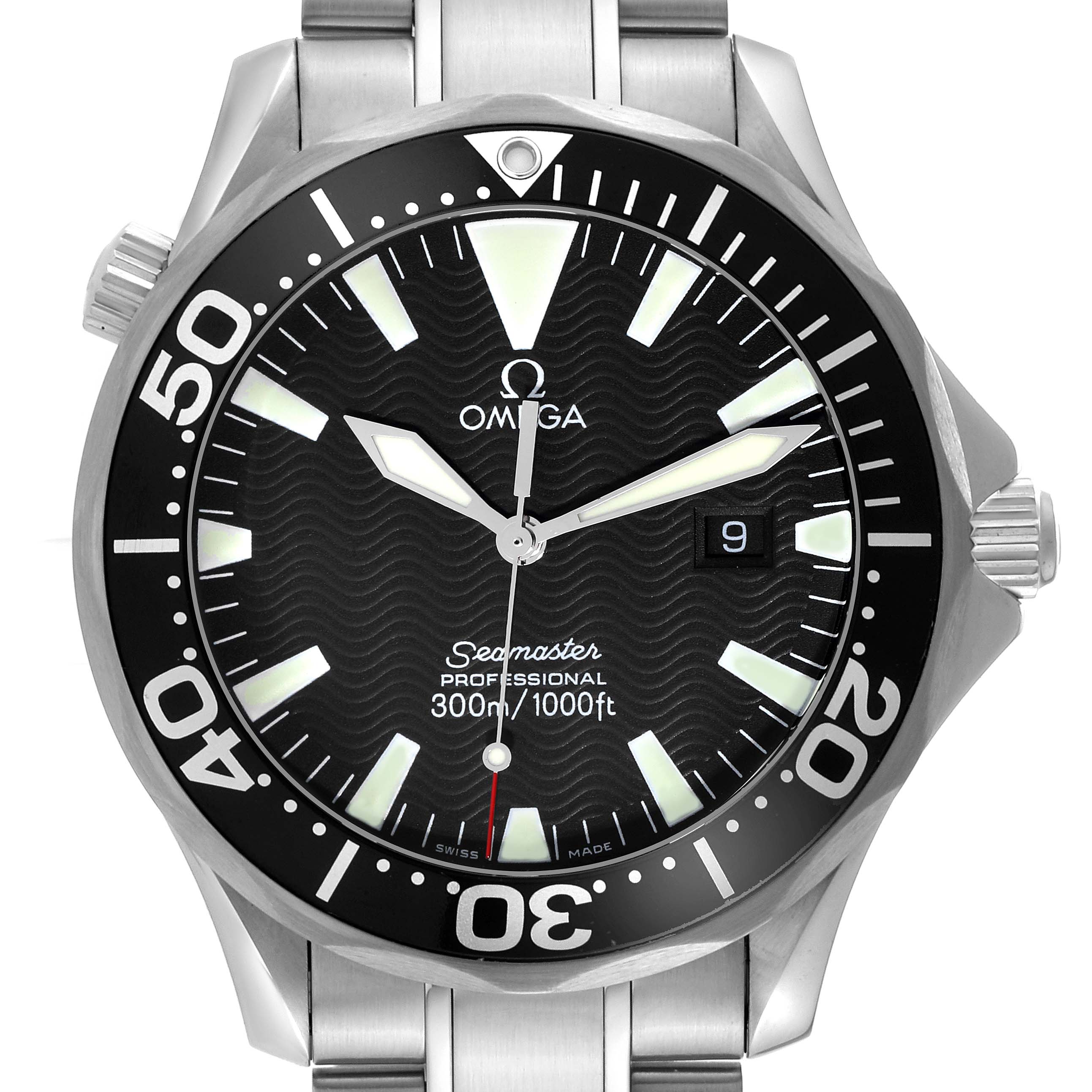 The image shows a front view of the Omega Seamaster 2264.50.00 Men
s Stainless Steel Black Dial 2264.50.00 Men
s Stainless Steel Black Dial watch, highlighting the bezel, dial, and hands.
