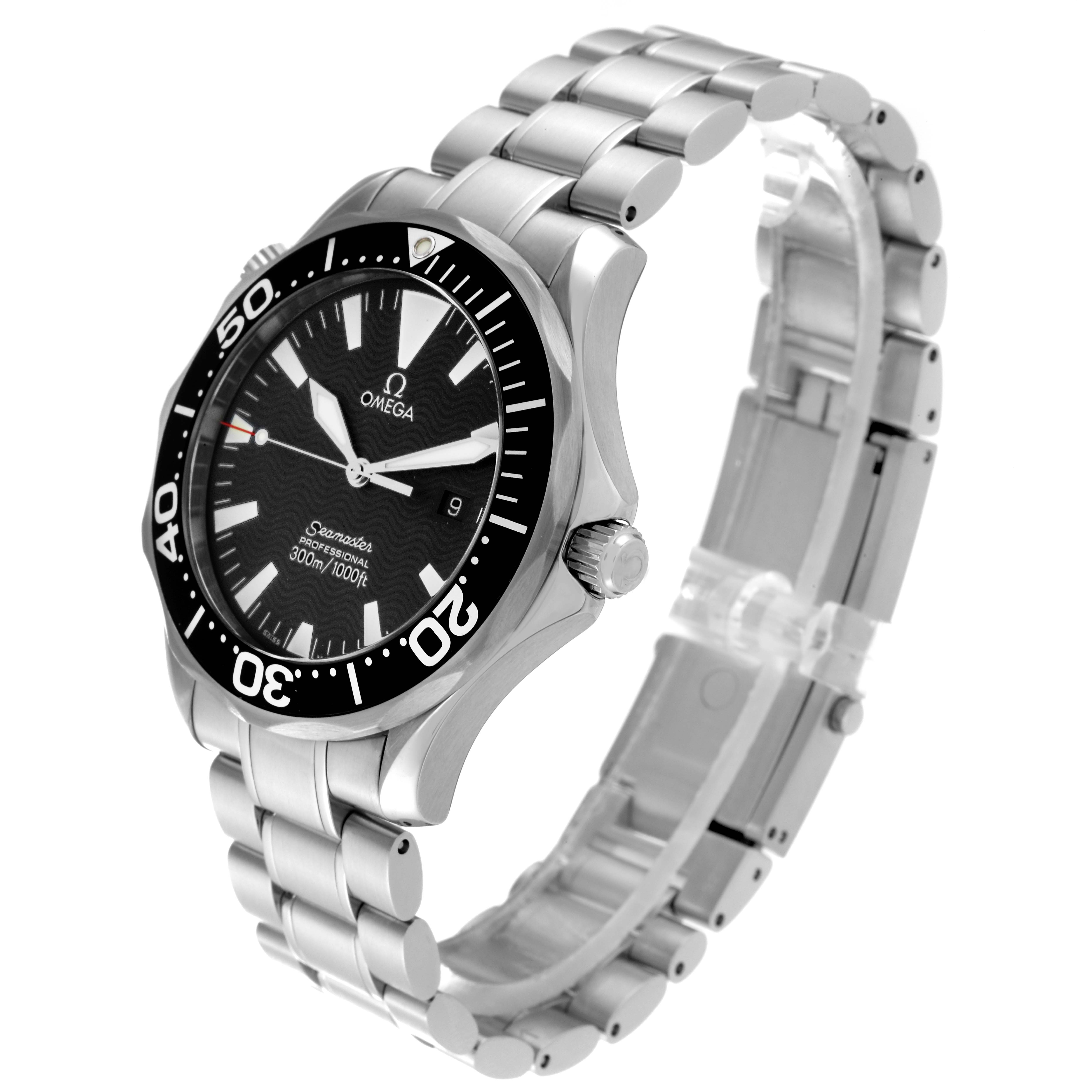 The image shows an Omega Seamaster 2264.50.00 Men
s Stainless Steel Black Dial 2264.50.00 Men
s Stainless Steel Black Dial watch at an angle highlighting its black bezel, dial, and stainless steel bracelet.