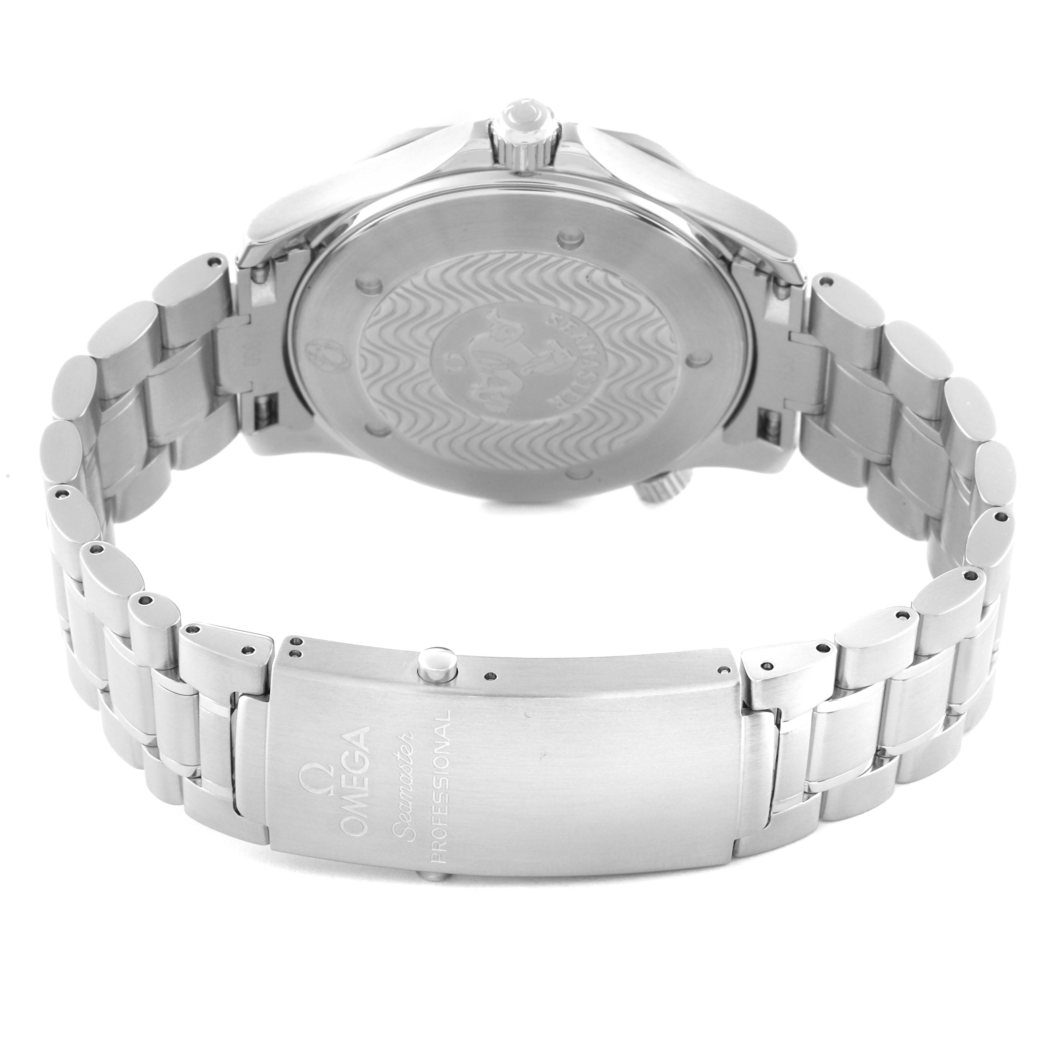 This image shows the back case and bracelet clasp of the Omega Seamaster 2264.50.00 Men
s Stainless Steel Black Dial 2264.50.00 Men
s Stainless Steel Black Dial watch from a rear angle.