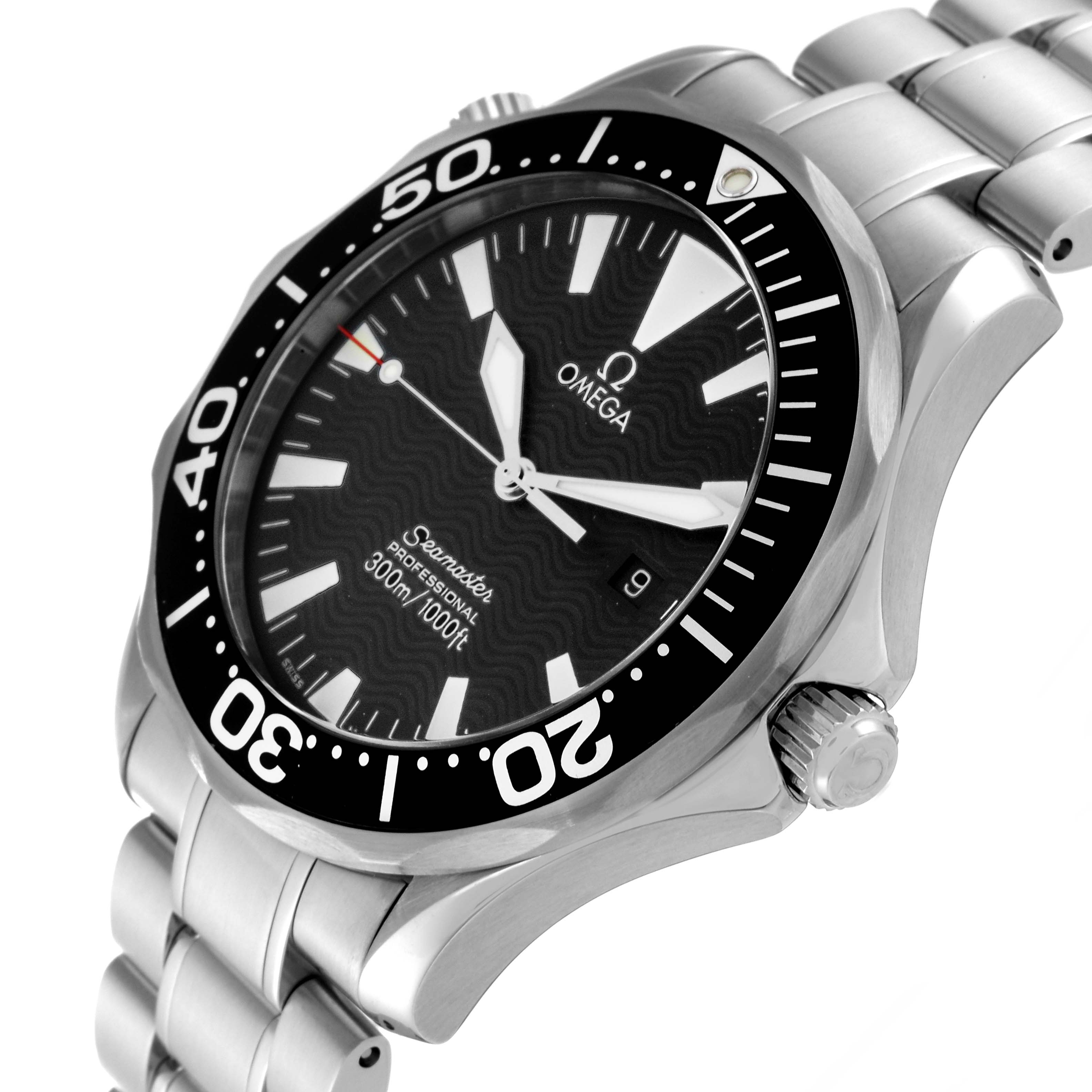 The Omega Seamaster 2264.50.00 Men
s Stainless Steel Black Dial 2264.50.00 Men
s Stainless Steel Black Dial watch is shown at an angled view, highlighting its face, bezel, crown, and stainless steel bracelet.