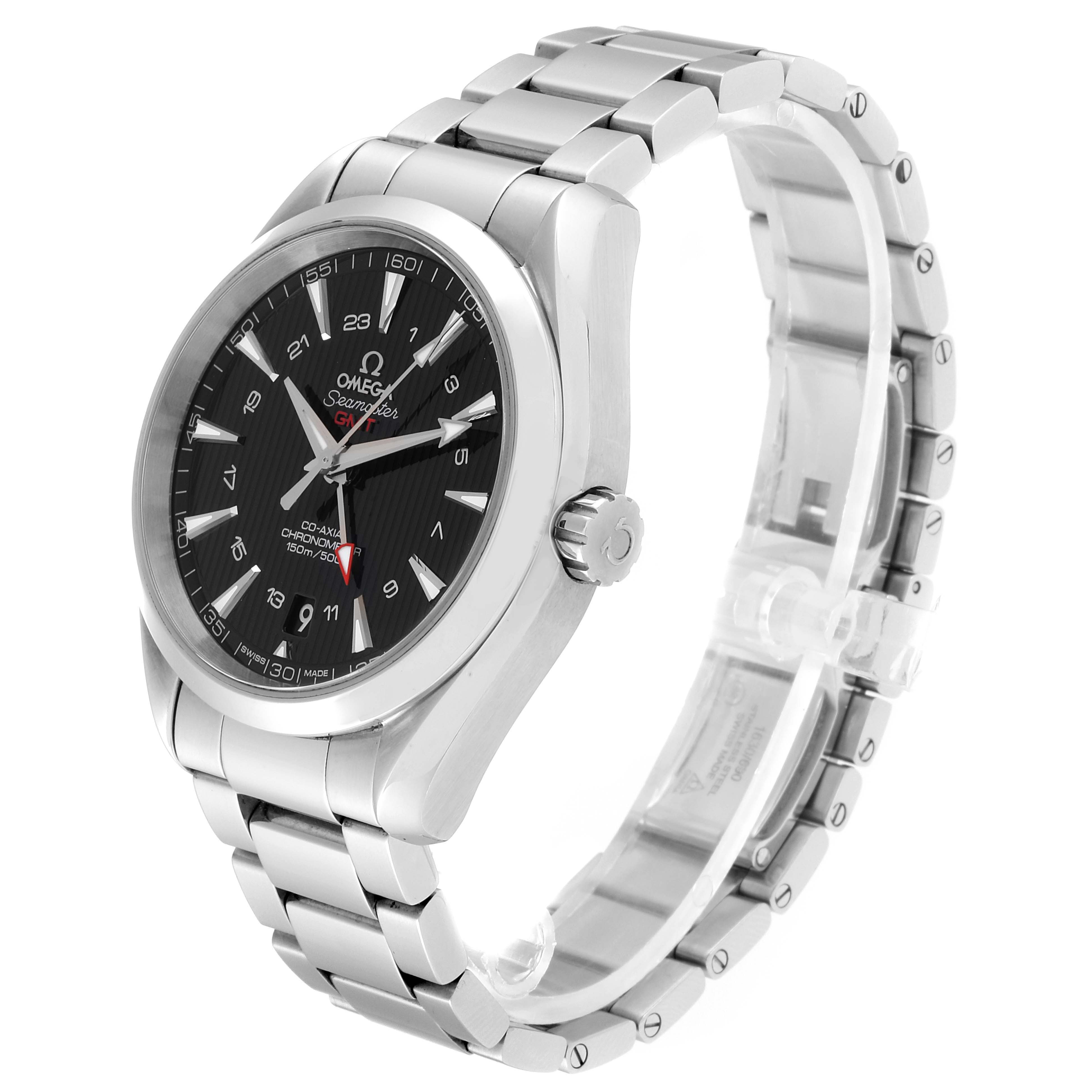 The Omega Aqua Terra 231.10.43.22.01.001 Men's Stainless Steel Black Dial 231.10.43.22.01.001 Men's Stainless Steel Black Dial watch is shown at an oblique angle, displaying its face, bezel, crown, and stainless steel bracelet.