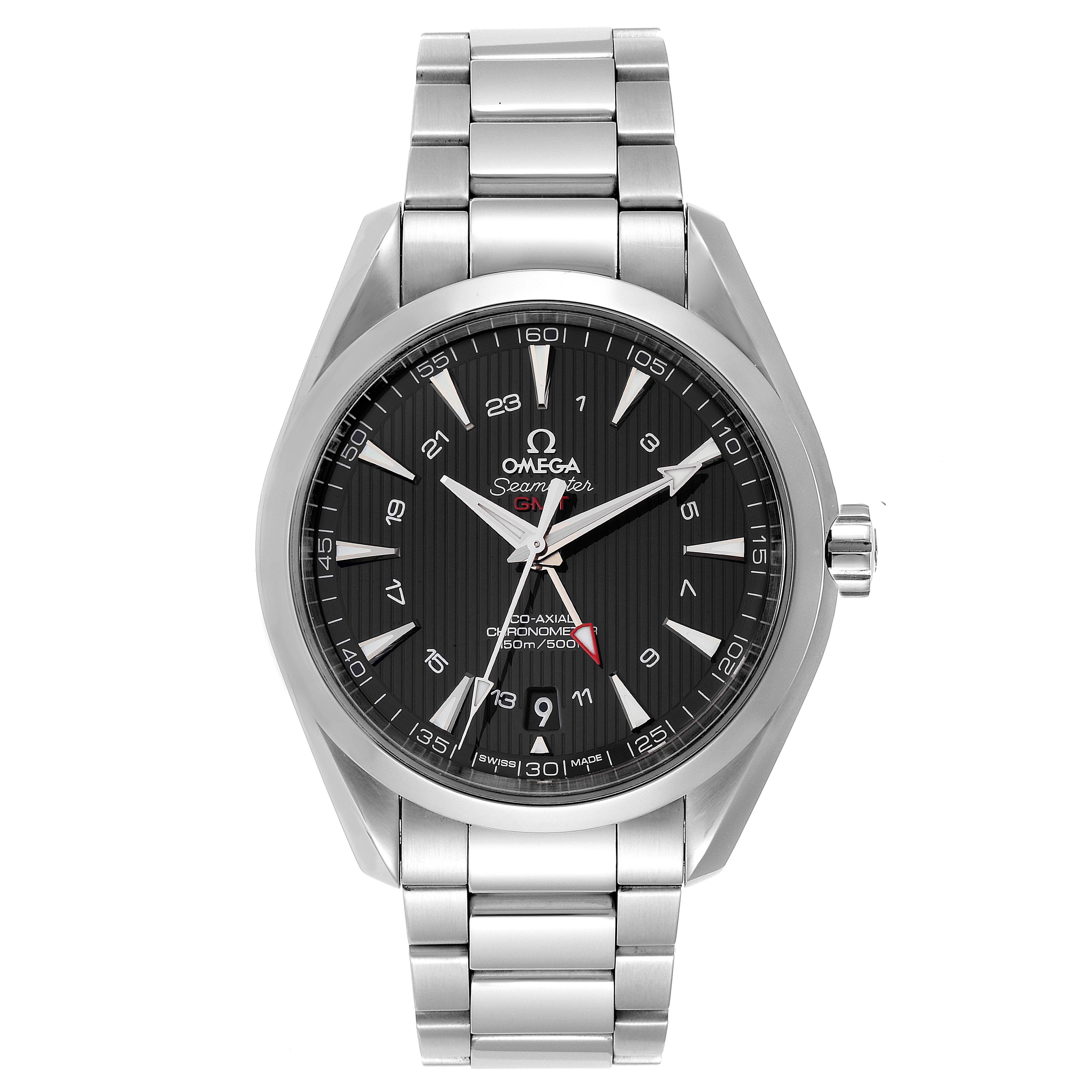 The image shows a front view of the Omega Aqua Terra 231.10.43.22.01.001 Men's Stainless Steel Black Dial 231.10.43.22.01.001 Men's Stainless Steel Black Dial model watch, highlighting the dial, hands, and stainless steel bracelet.