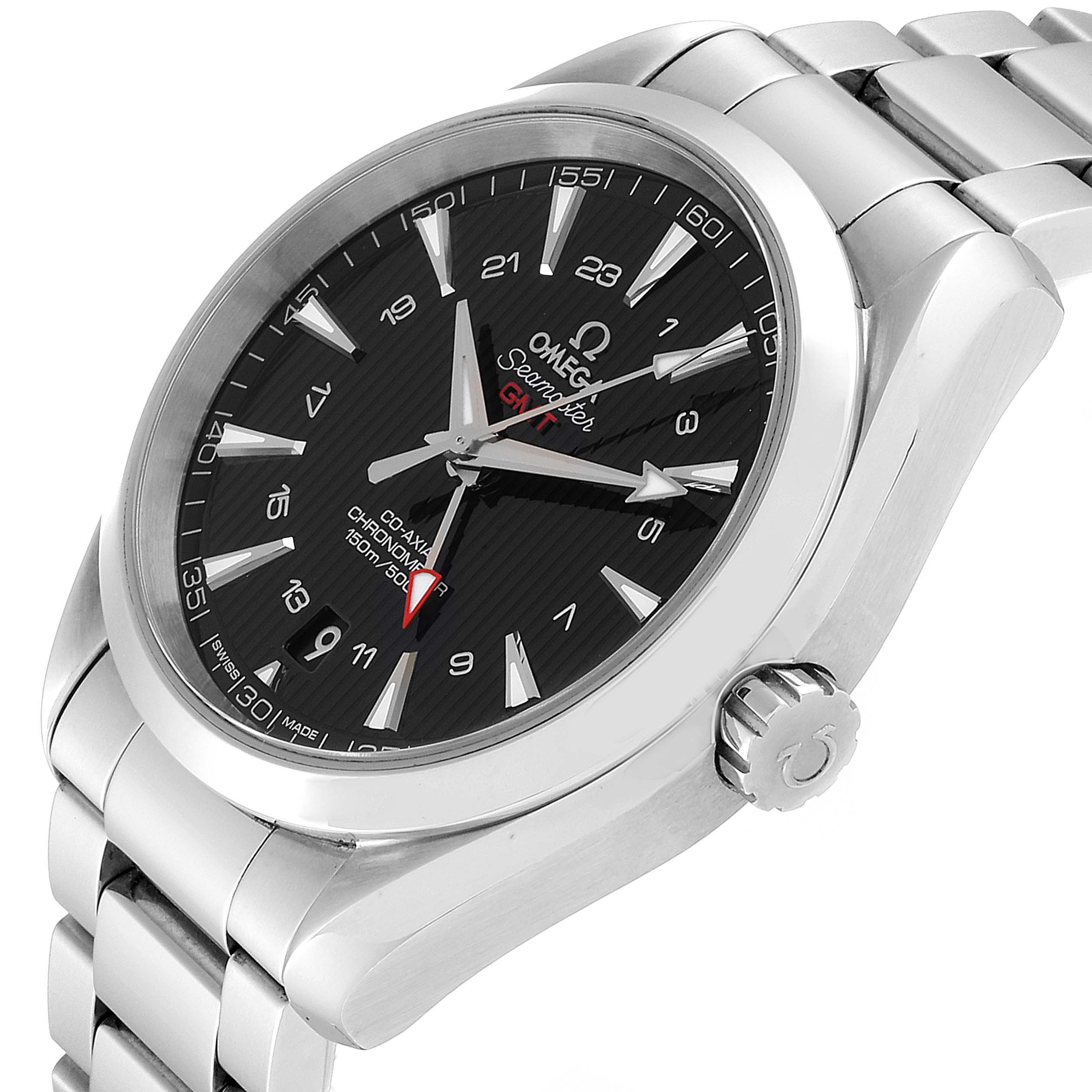 The image shows a side angled view of the Omega Aqua Terra 231.10.43.22.01.001 Men's Stainless Steel Black Dial 231.10.43.22.01.001 Men's Stainless Steel Black Dial watch, highlighting the dial, bezel, case, crown, and part of the bracelet.