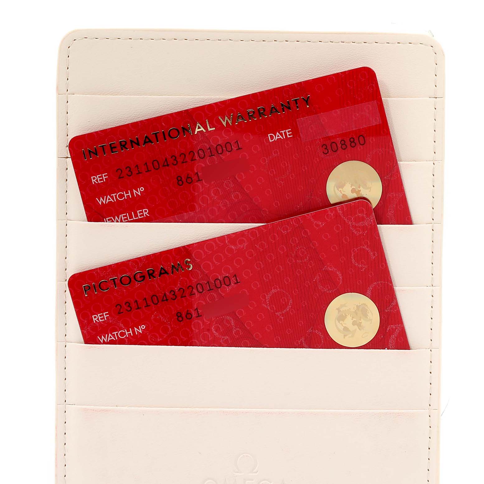 This image shows the warranty and pictogram cards for the Omega Aqua Terra 231.10.43.22.01.001 Men's Stainless Steel Black Dial 231.10.43.22.01.001 Men's Stainless Steel Black Dial watch model, placed in a cardholder.