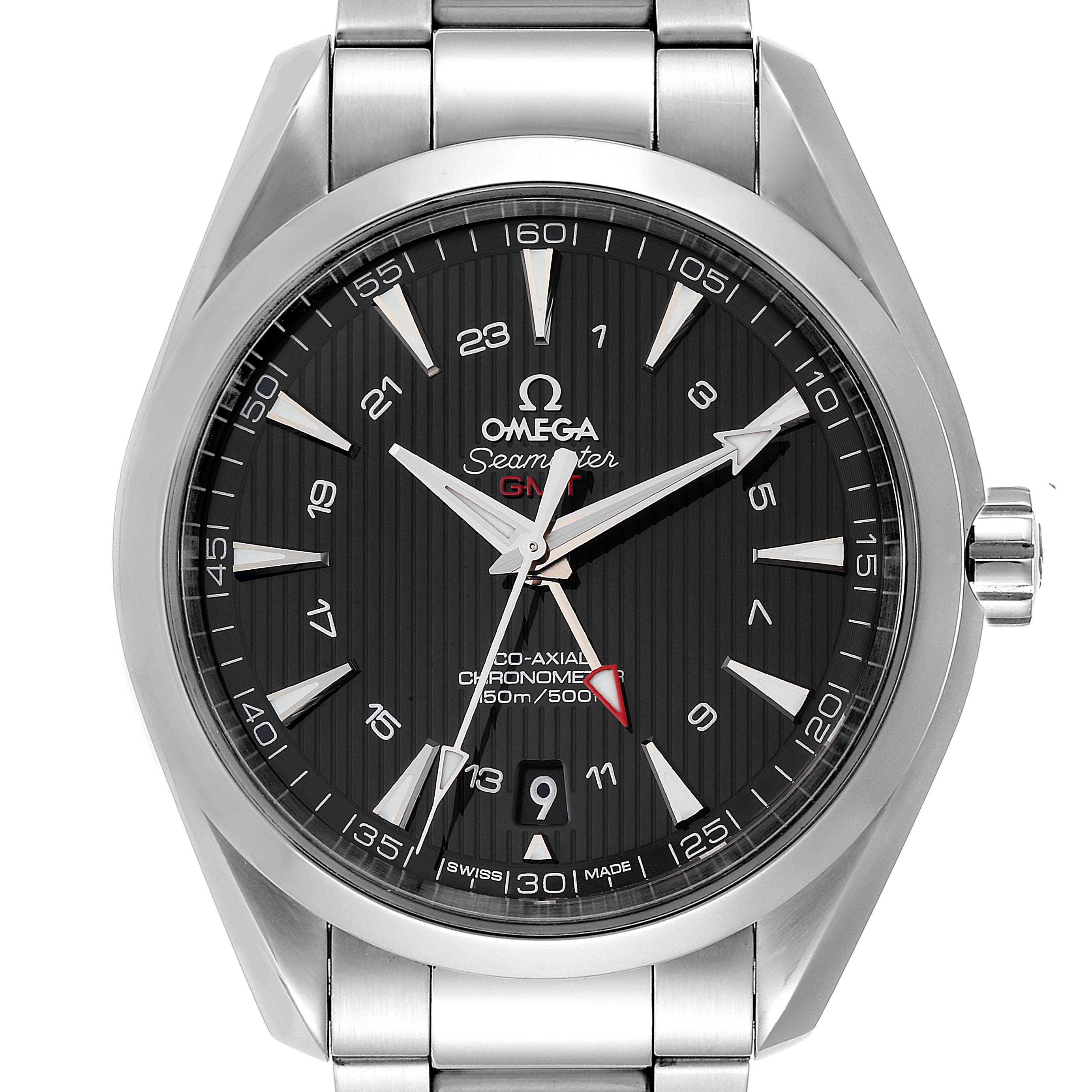 The image shows a front view of the Omega Aqua Terra 231.10.43.22.01.001 Men's Stainless Steel Black Dial 231.10.43.22.01.001 Men's Stainless Steel Black Dial Seamaster watch, displaying its dial, hands, and part of the bracelet.