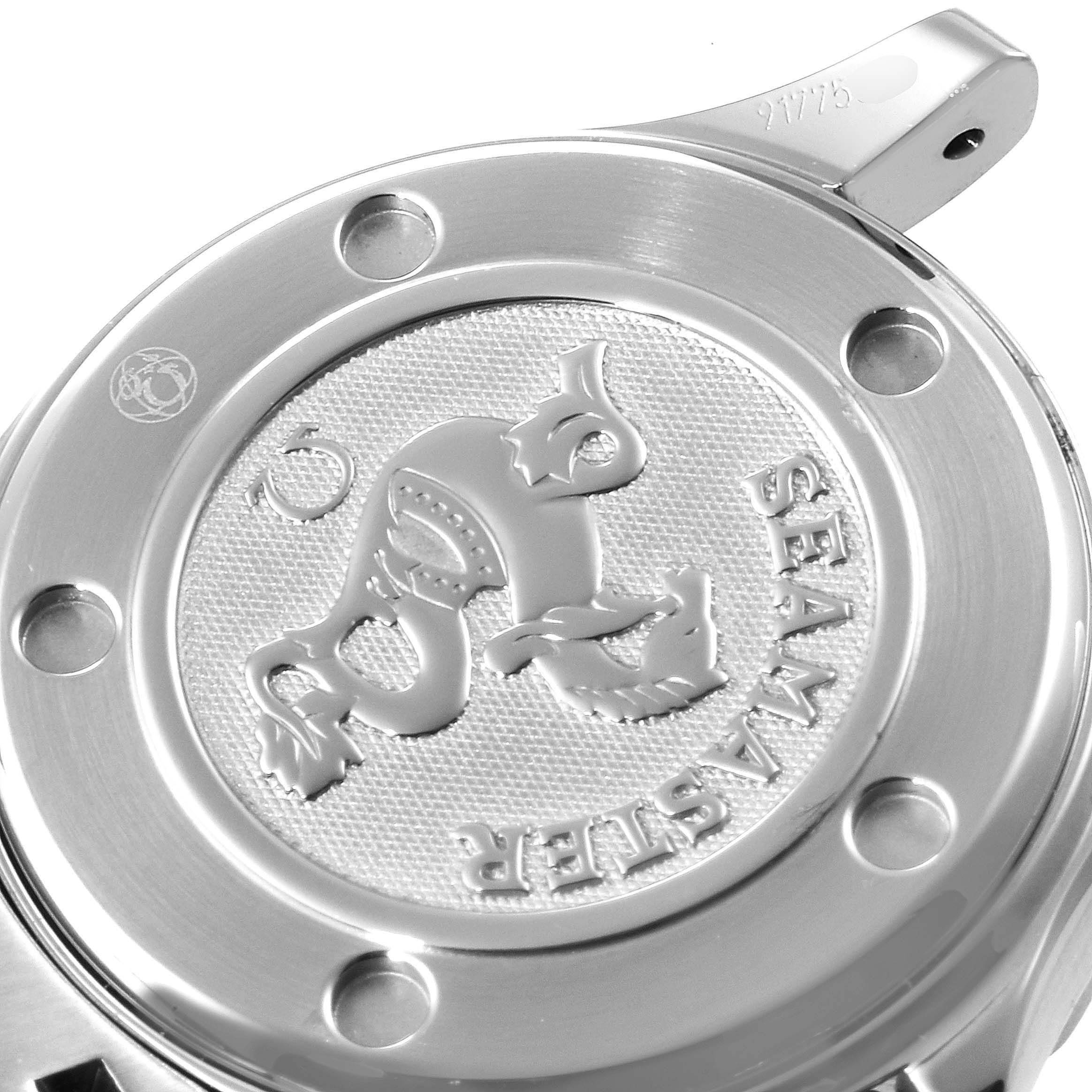 This image shows the case back of the Omega 212.30.28.61.51.001 Women's Stainless Steel Black Dial 212.30.28.61.51.001 Women's Stainless Steel Black Dial Seamaster Black Dial Diamond Ladies Watch, model 212.30.28.61.51.001.