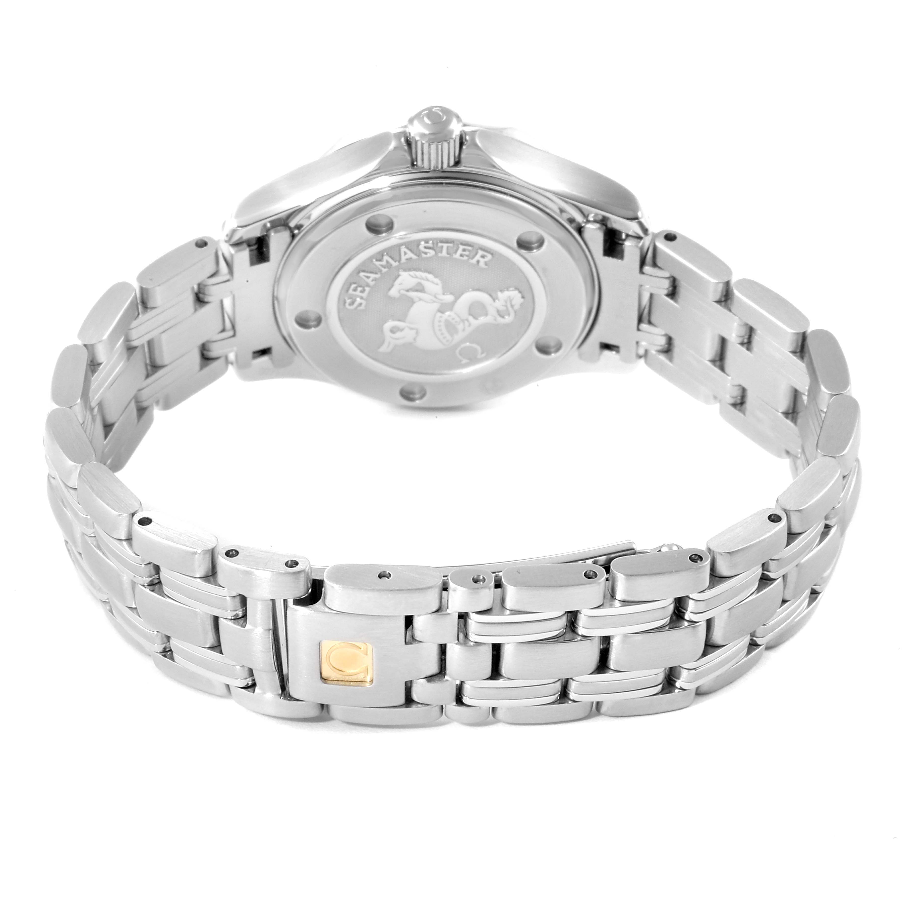 The image shows the back case and bracelet of the Omega 212.30.28.61.51.001 Women's Stainless Steel Black Dial 212.30.28.61.51.001 Women's Stainless Steel Black Dial Seamaster Black Dial Diamond Ladies Watch model 212.30.28.61.51.001.