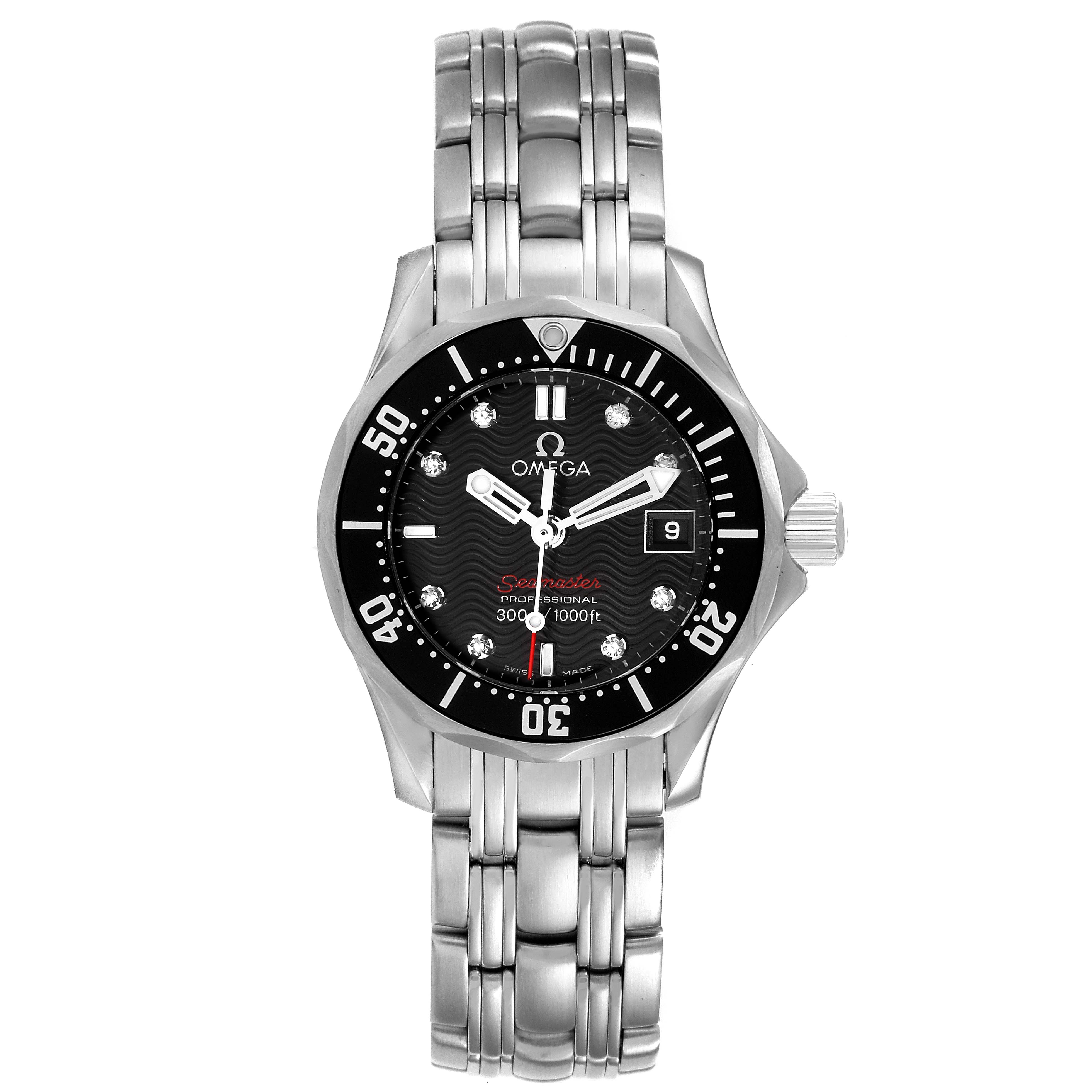 The image shows a front view of the Omega 212.30.28.61.51.001 Women's Stainless Steel Black Dial 212.30.28.61.51.001 Women's Stainless Steel Black Dial Seamaster Black Dial Diamond Ladies Watch 212.30.28.61.51.001, displaying the face and band.