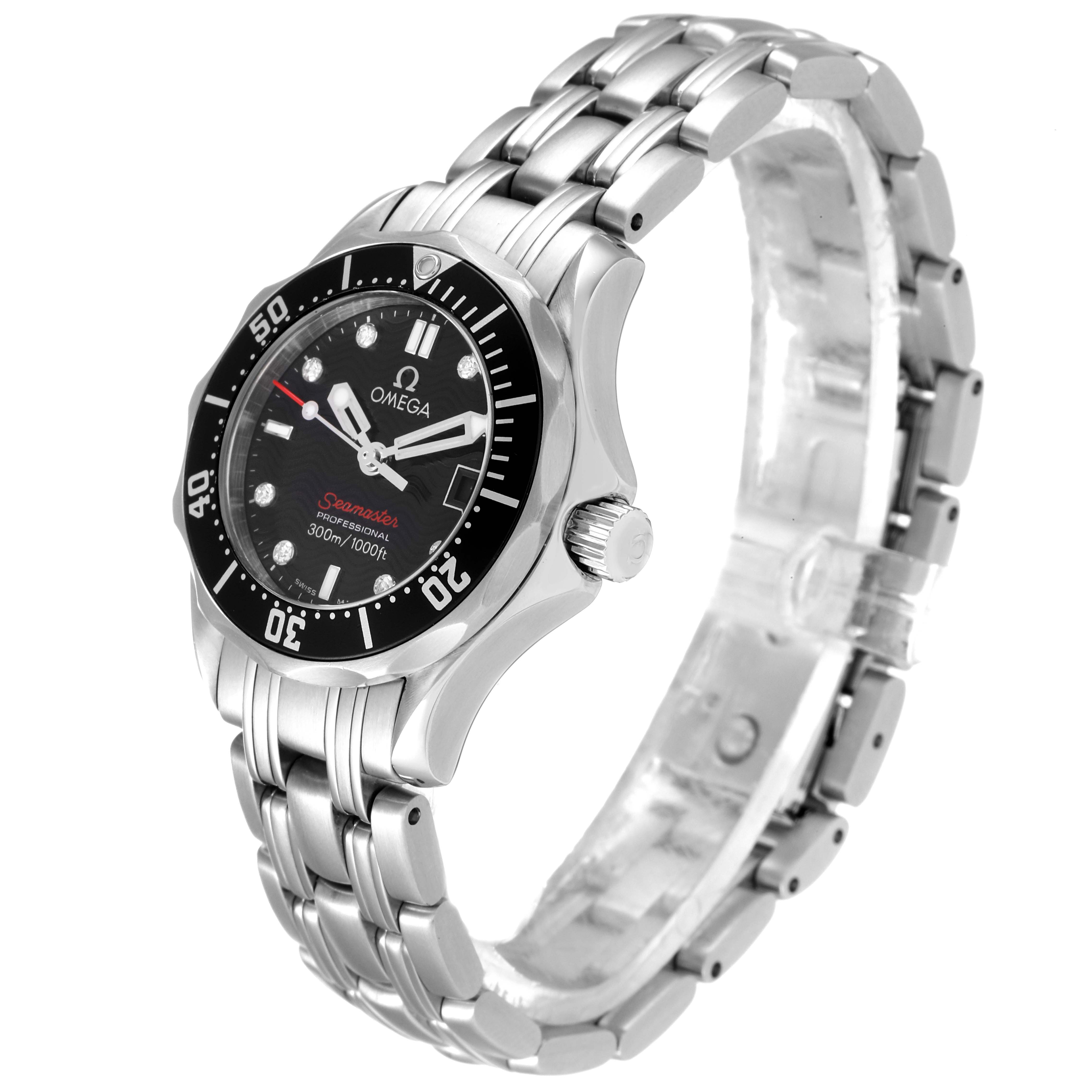 The Omega 212.30.28.61.51.001 Women's Stainless Steel Black Dial 212.30.28.61.51.001 Women's Stainless Steel Black Dial Seamaster Black Dial Diamond Ladies Watch 212.30.28.61.51.001 is shown at an angled view, highlighting the face, bezel, and band.