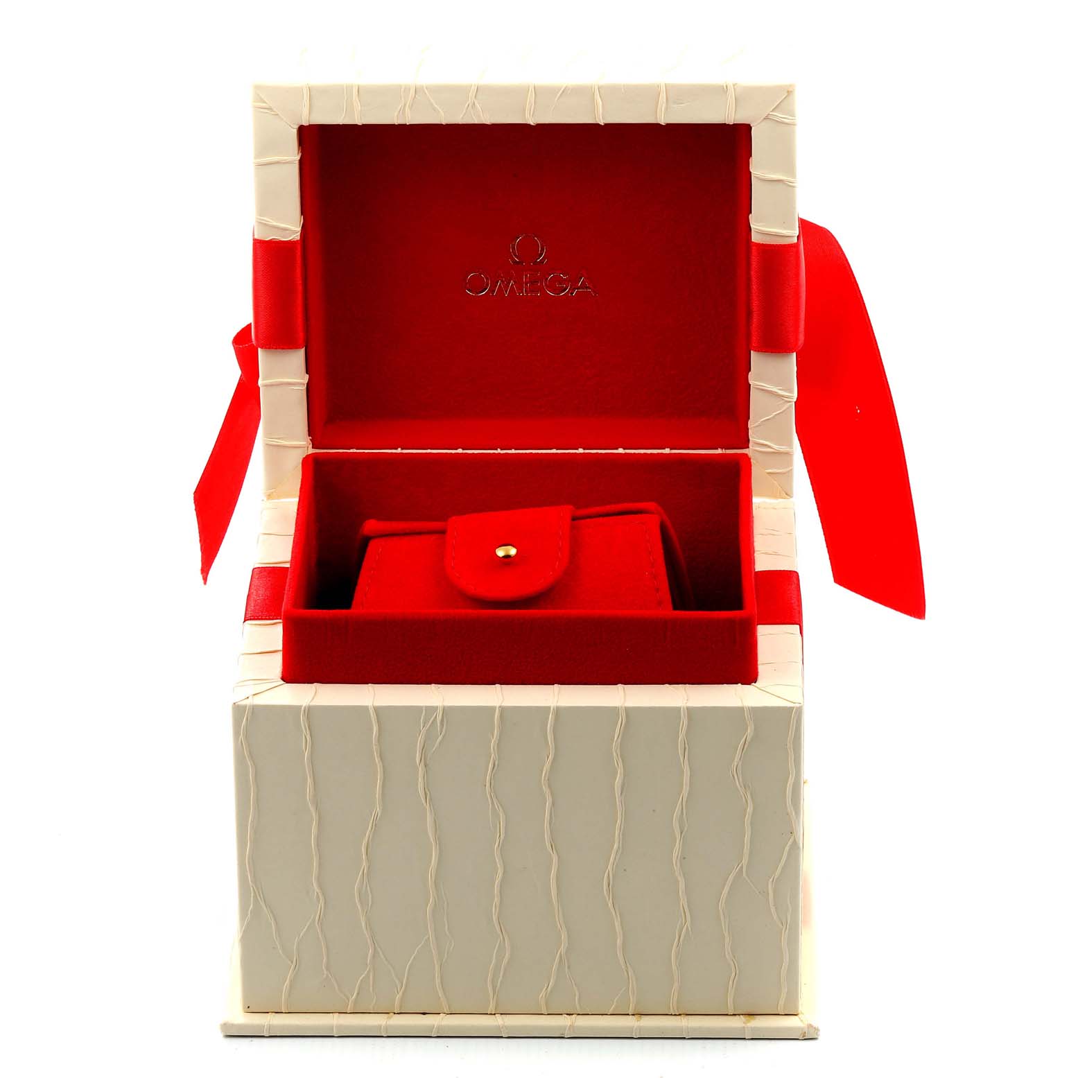 The image shows an open Omega 212.30.28.61.51.001 Women's Stainless Steel Black Dial 212.30.28.61.51.001 Women's Stainless Steel Black Dial watch box for the Seamaster Black Dial Diamond Ladies Watch 212.30.28.61.51.001.