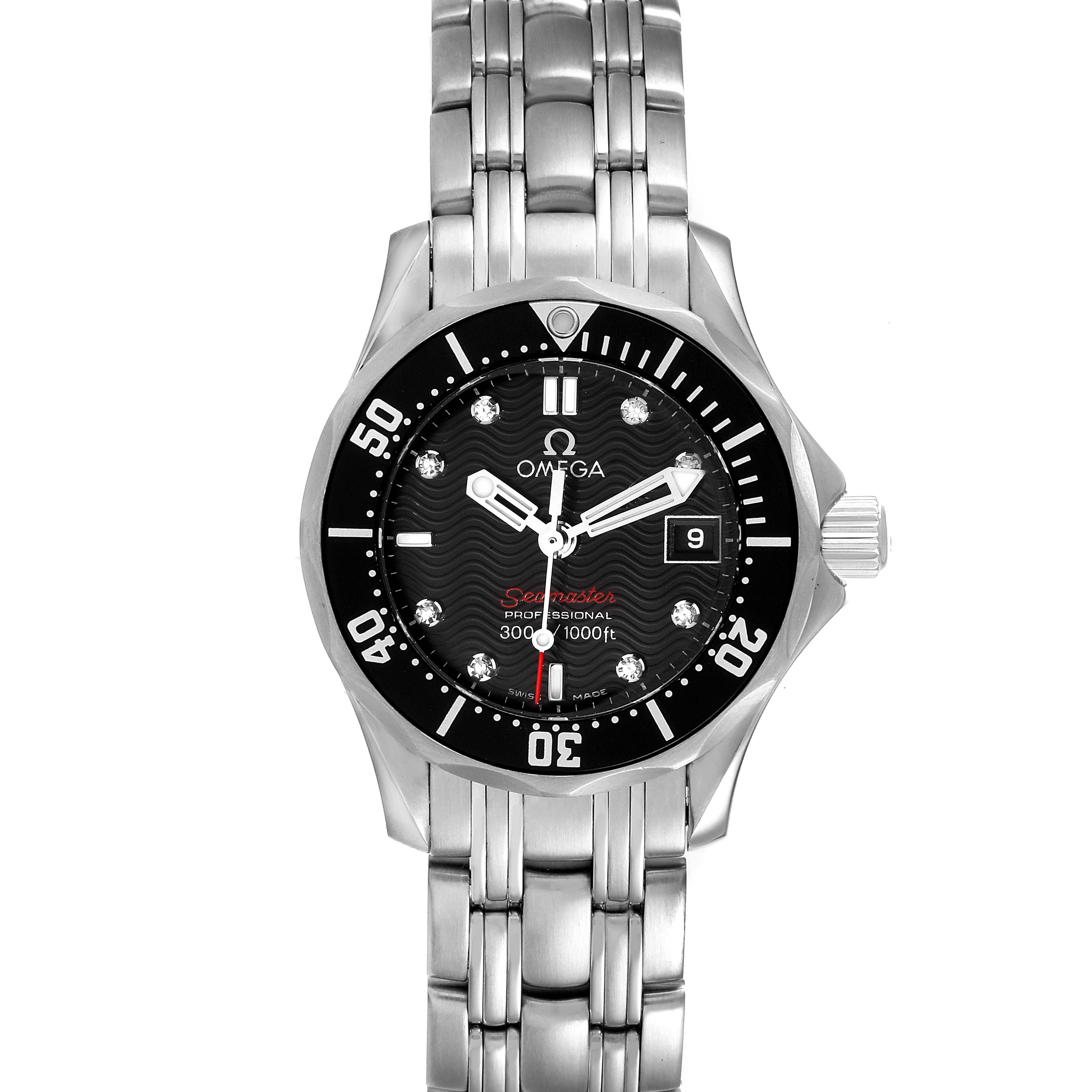 The image shows a front view of the Omega 212.30.28.61.51.001 Women's Stainless Steel Black Dial 212.30.28.61.51.001 Women's Stainless Steel Black Dial Seamaster Black Dial Diamond Ladies Watch 212.30.28.61.51.001.