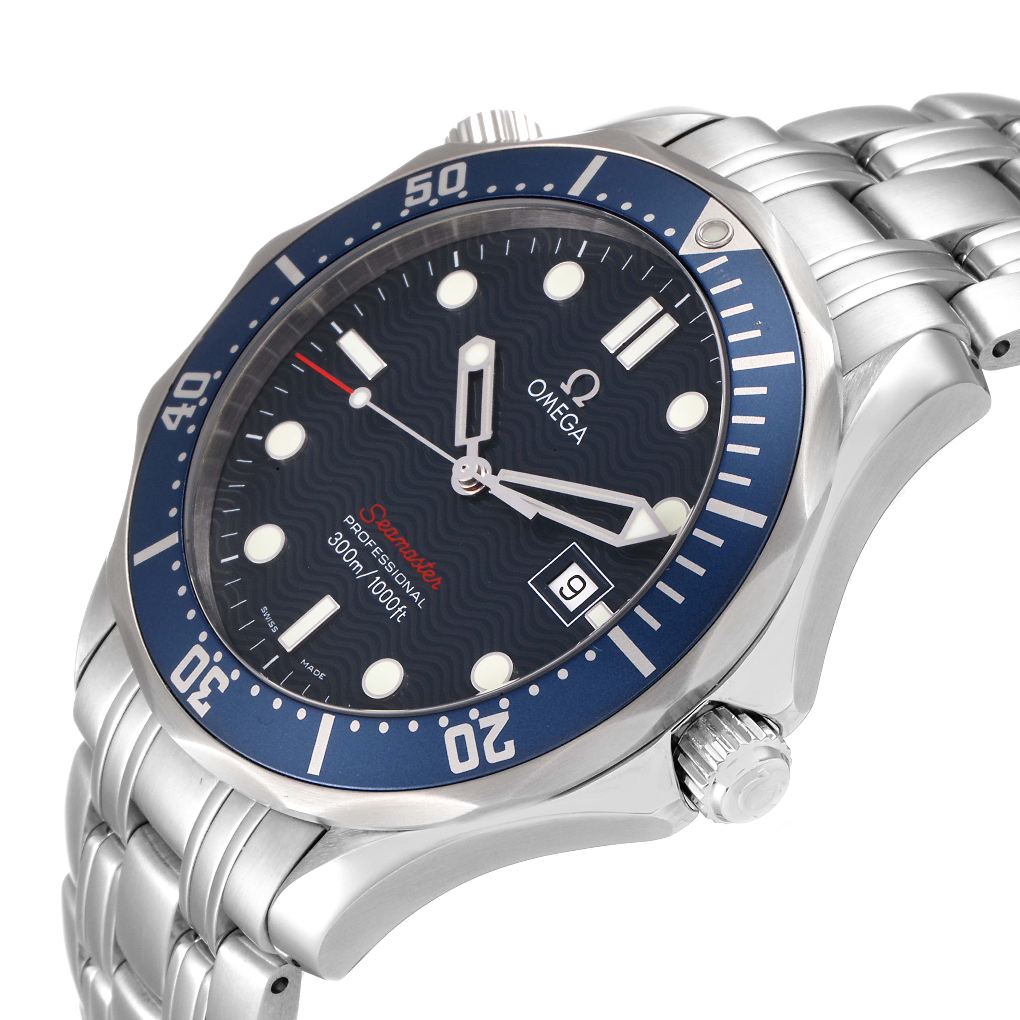 This image shows the Omega Seamaster 2221.80.00 Men's Stainless Steel Blue Dial 2221.80.00 Men's Stainless Steel Blue Dial watch at a slight angle, highlighting the dial, bezel, crown, and part of the bracelet.
