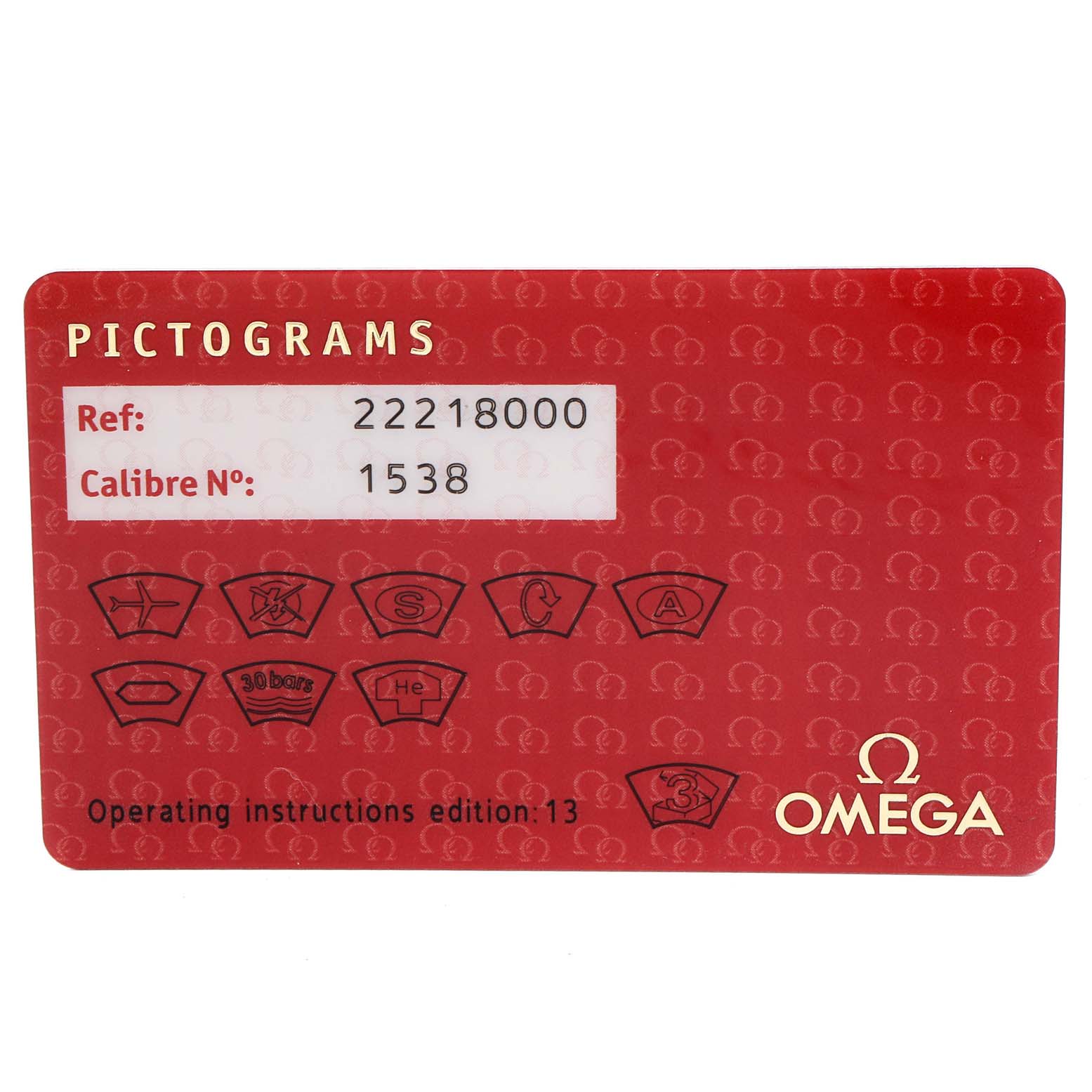 This is an Omega Seamaster 2221.80.00 Men's Stainless Steel Blue Dial 2221.80.00 Men's Stainless Steel Blue Dial pictogram card showing the reference number (22218000) and calibre number (1538).