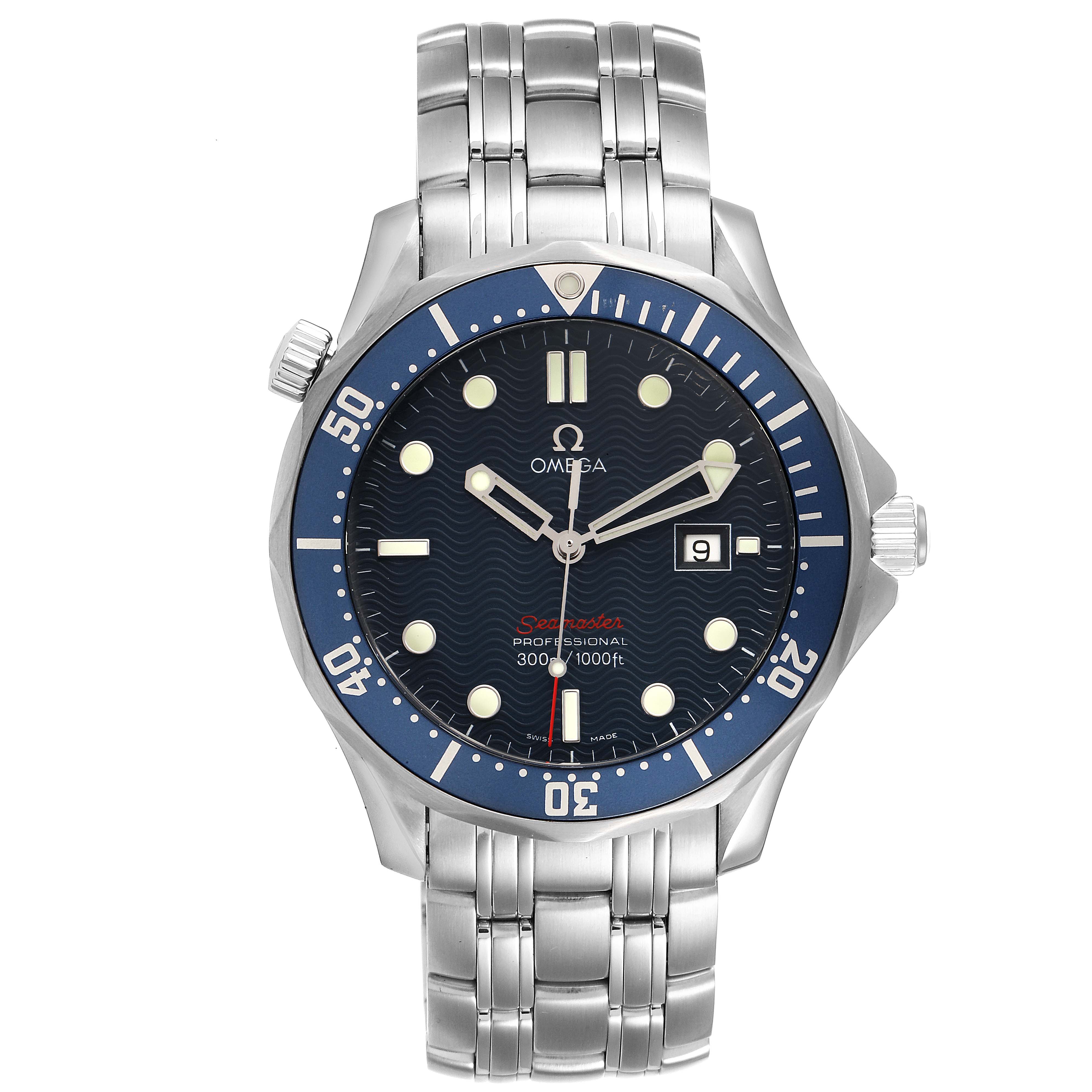 The image shows a front view of the Omega Seamaster 2221.80.00 Men's Stainless Steel Blue Dial 2221.80.00 Men's Stainless Steel Blue Dial watch, highlighting the dial, bezel, bracelet, and crown.