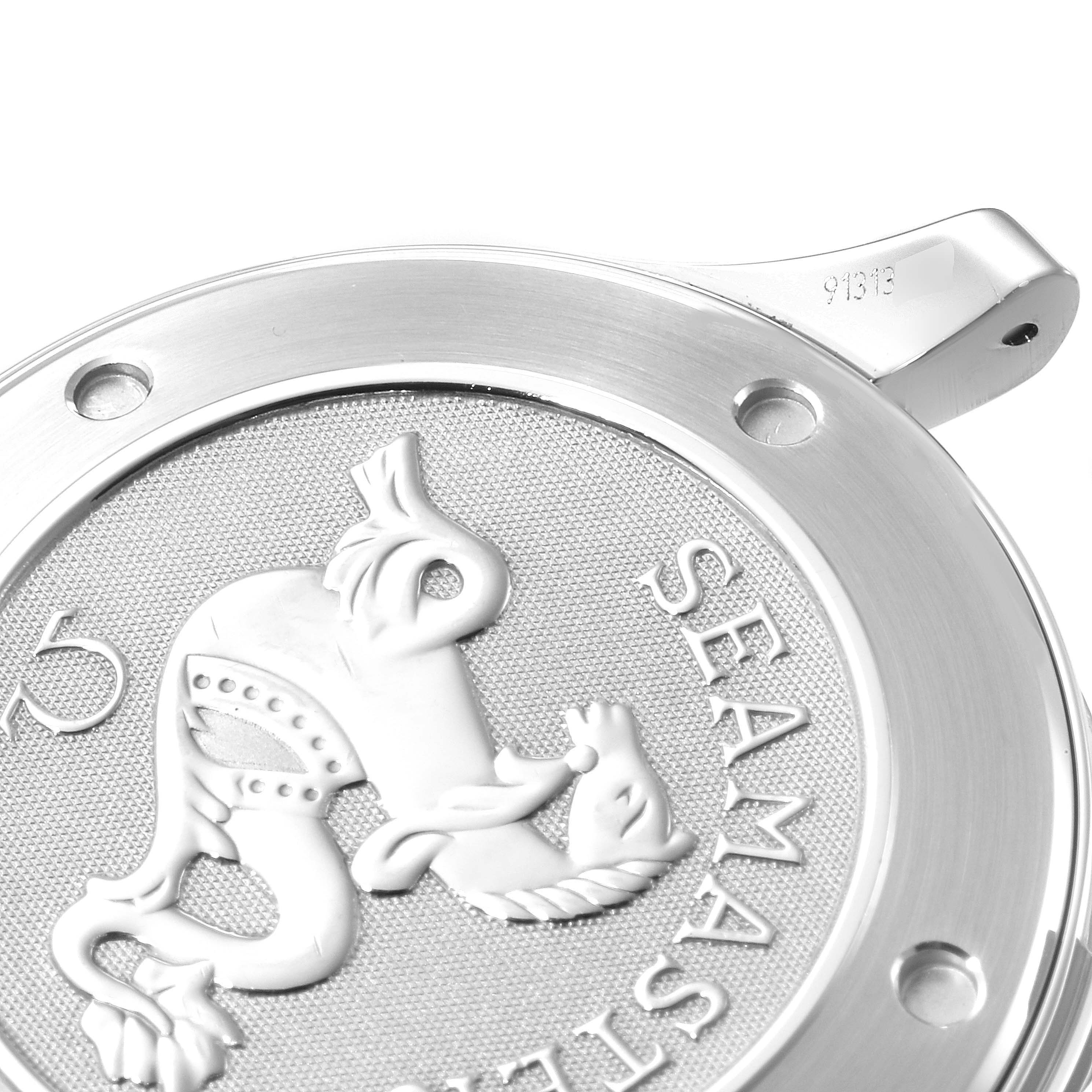 The image shows a close-up of the case back of an Omega Seamaster 2221.80.00 Men's Stainless Steel Blue Dial 2221.80.00 Men's Stainless Steel Blue Dial watch, specifically highlighting the embossed emblem and serial number.