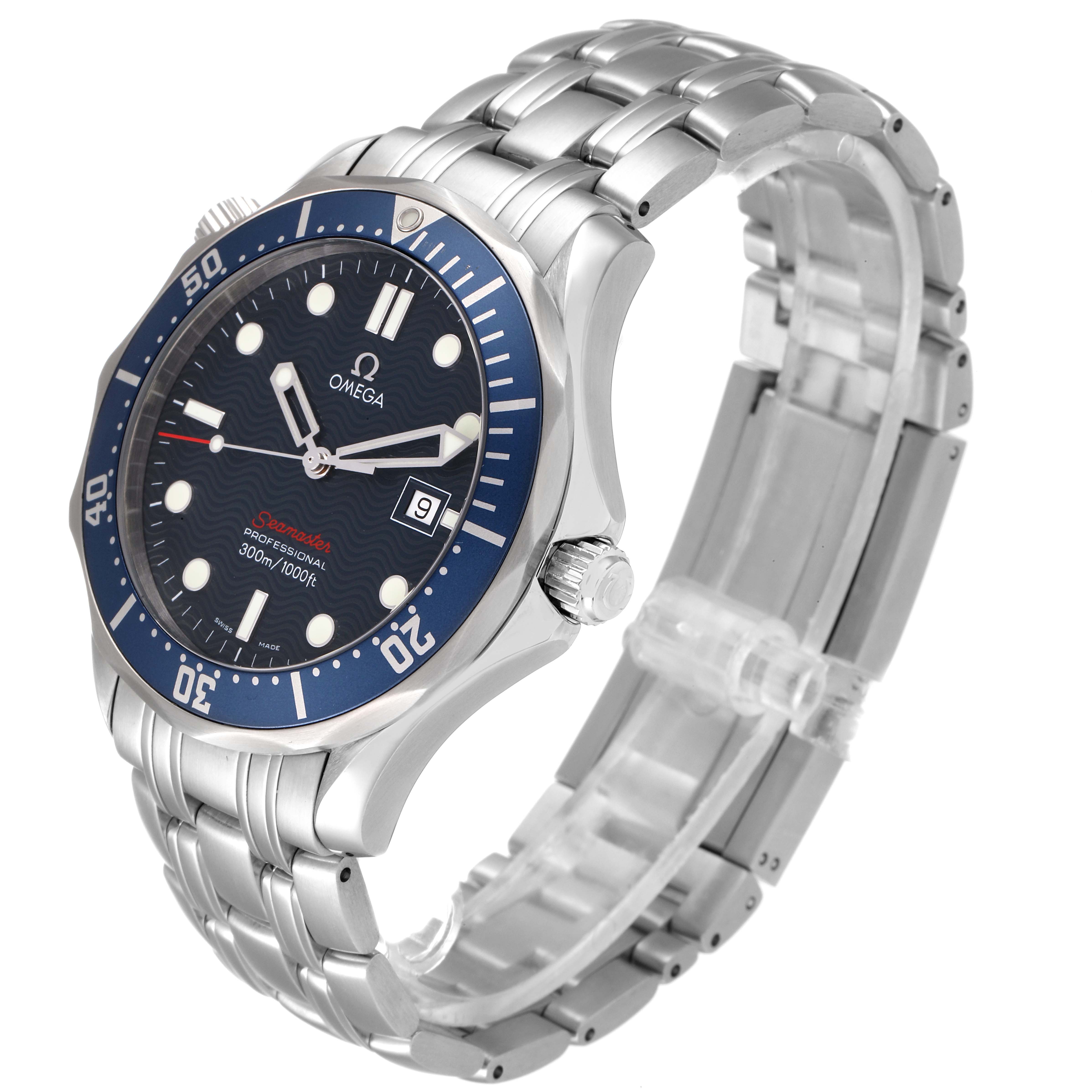 The image shows a side view of the Omega Seamaster 2221.80.00 Men's Stainless Steel Blue Dial 2221.80.00 Men's Stainless Steel Blue Dial watch, highlighting its bezel, dial, crown, and stainless steel bracelet.