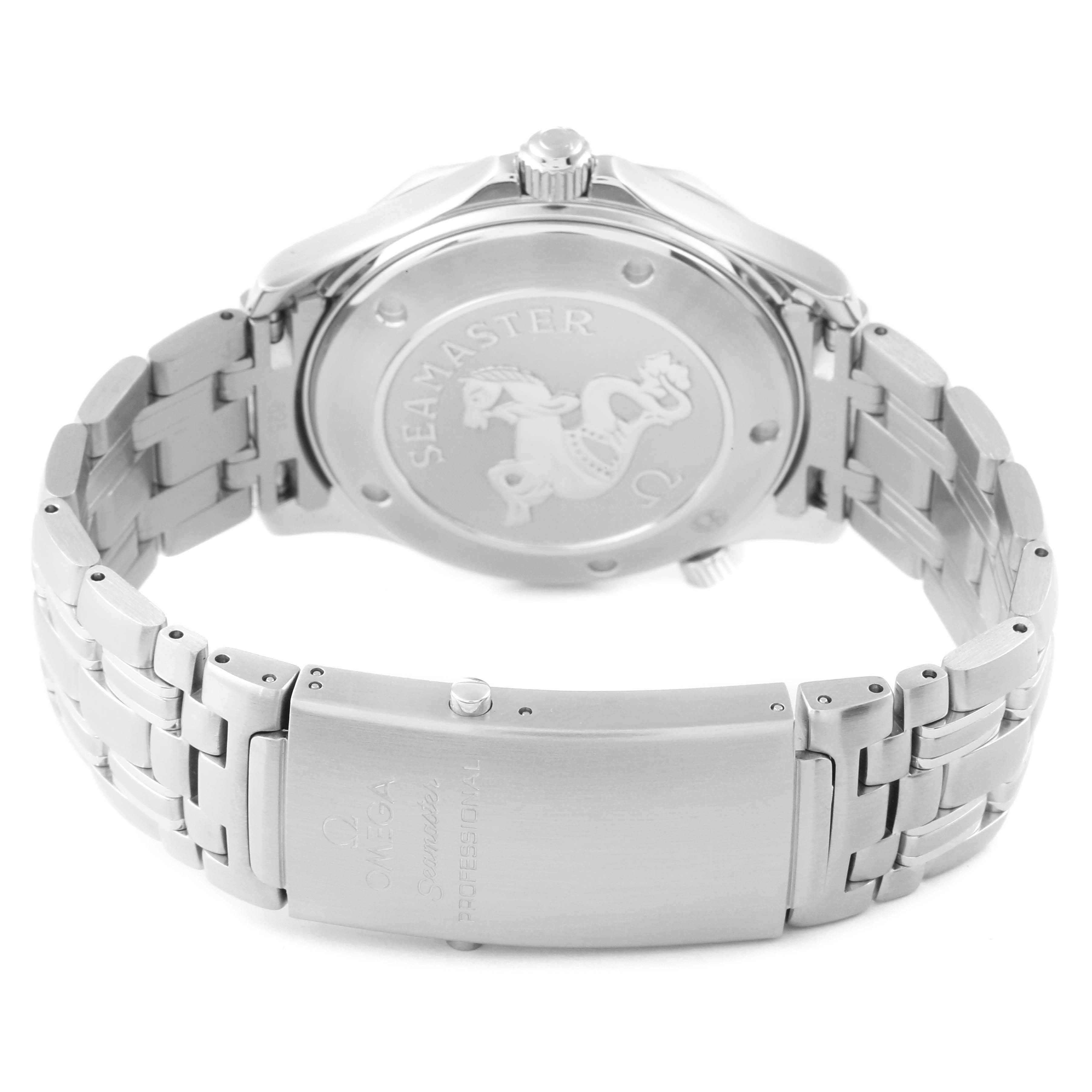 This image shows the back view of an Omega Seamaster 2221.80.00 Men's Stainless Steel Blue Dial 2221.80.00 Men's Stainless Steel Blue Dial watch, highlighting its case back and metal bracelet with clasp.