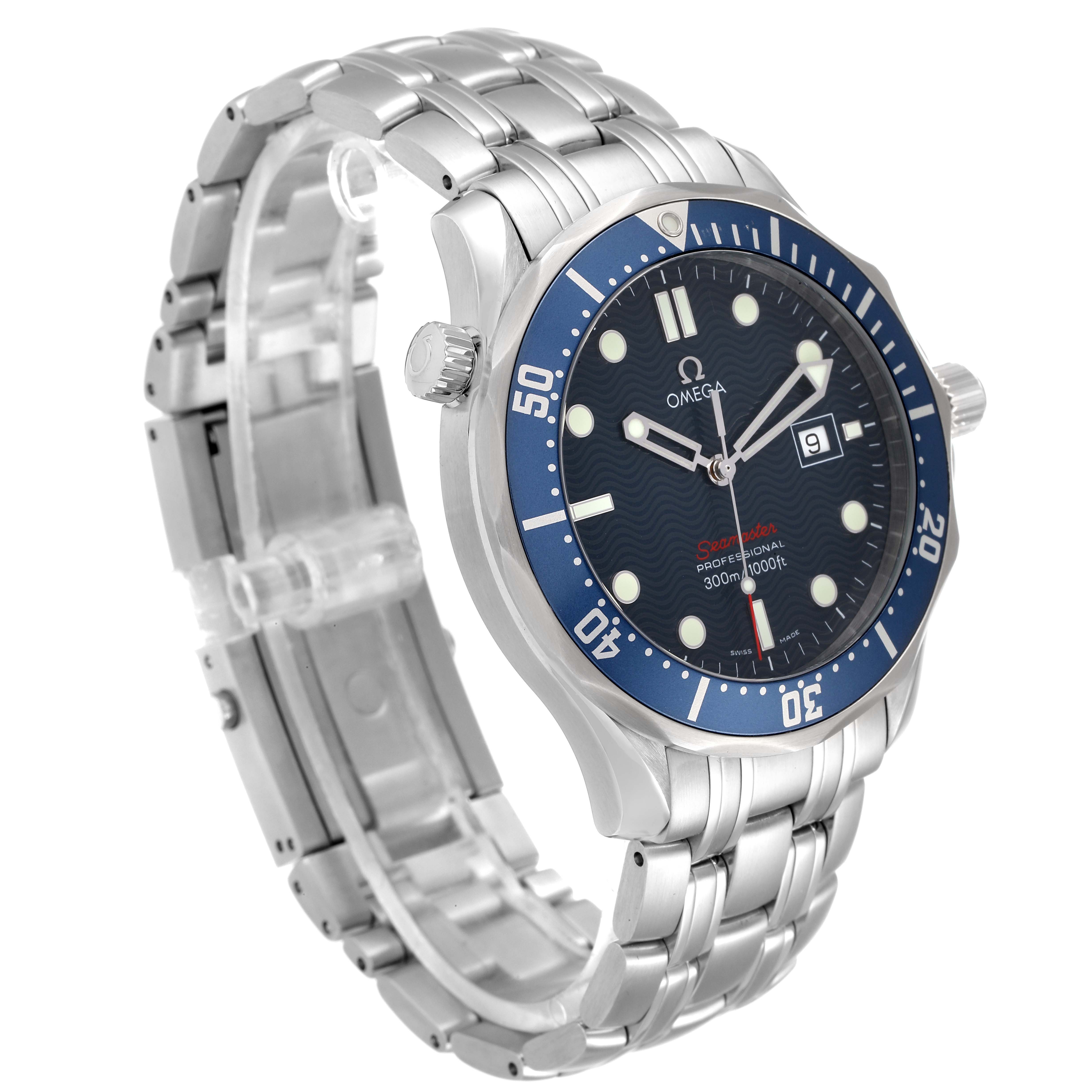 The image shows a side angle of an Omega Seamaster 2221.80.00 Men's Stainless Steel Blue Dial 2221.80.00 Men's Stainless Steel Blue Dial watch, highlighting its blue dial, stainless steel bracelet, and date window.