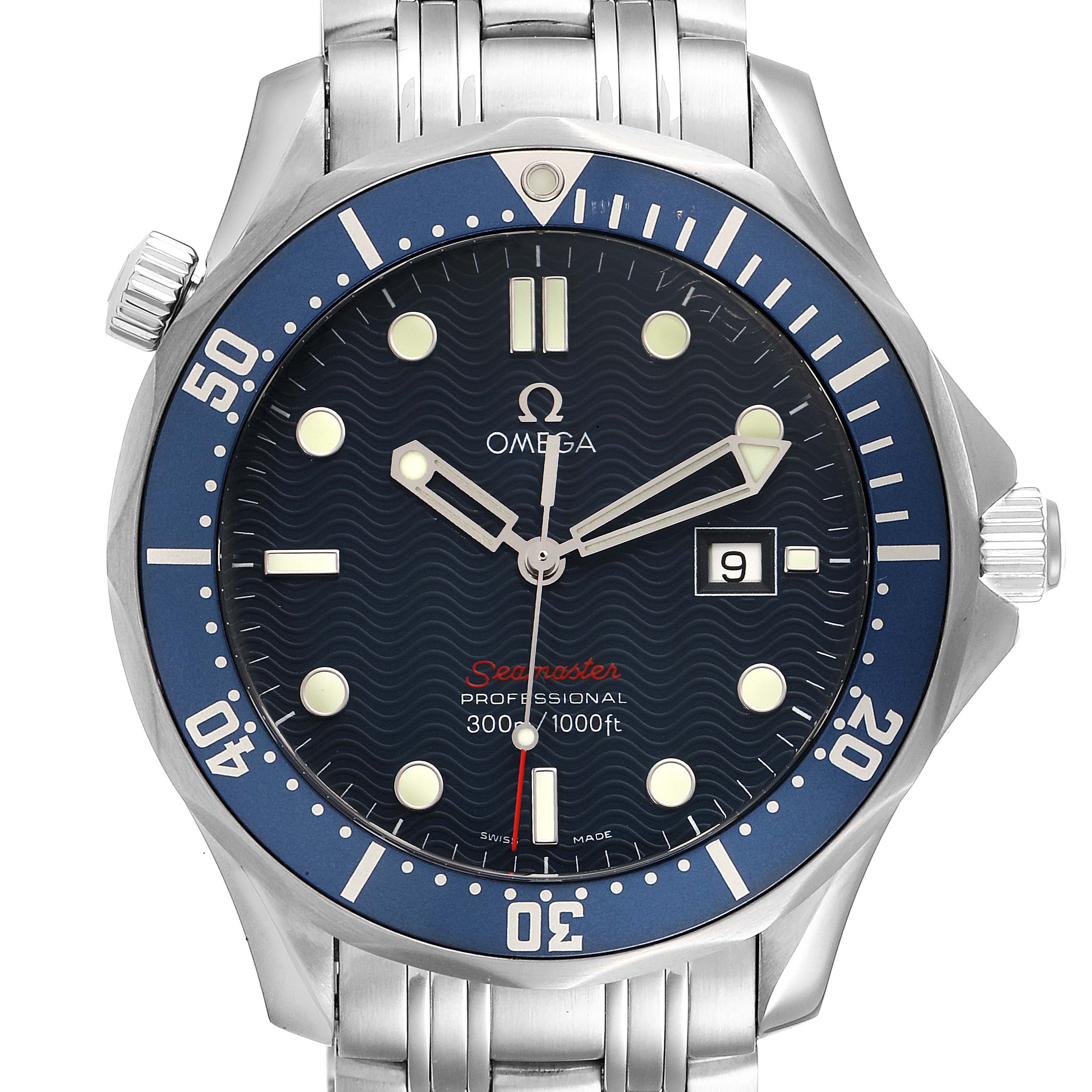 This image shows a front view of the Omega Seamaster 2221.80.00 Men's Stainless Steel Blue Dial 2221.80.00 Men's Stainless Steel Blue Dial watch, featuring its dial, bezel, crown, and part of the bracelet.