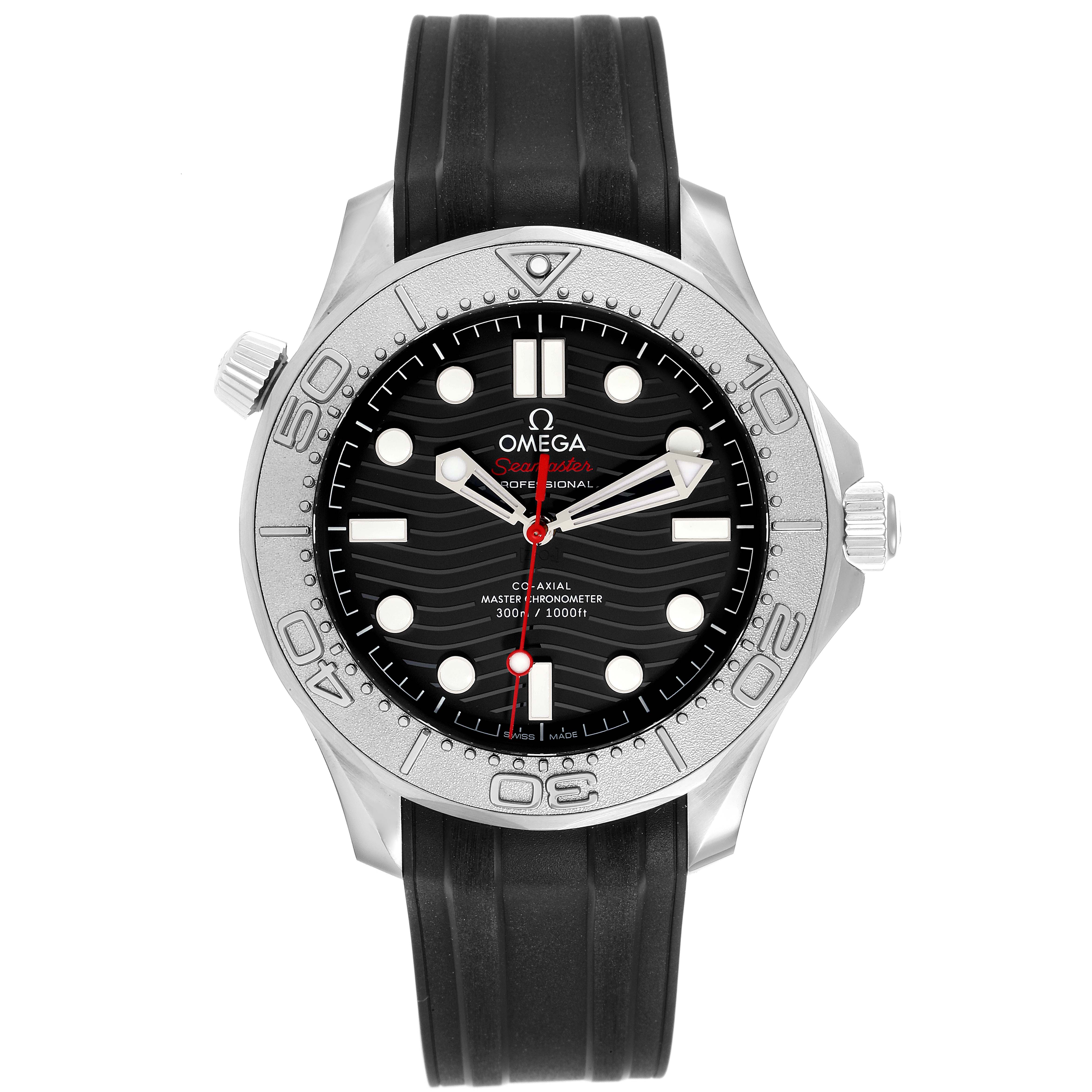 The image shows a front view of an Omega Seamaster 210.32.42.20.01.002 Men's Stainless Steel Black Dial 210.32.42.20.01.002 Men's Stainless Steel Black Dial watch, highlighting the dial, bezel, and rubber strap.