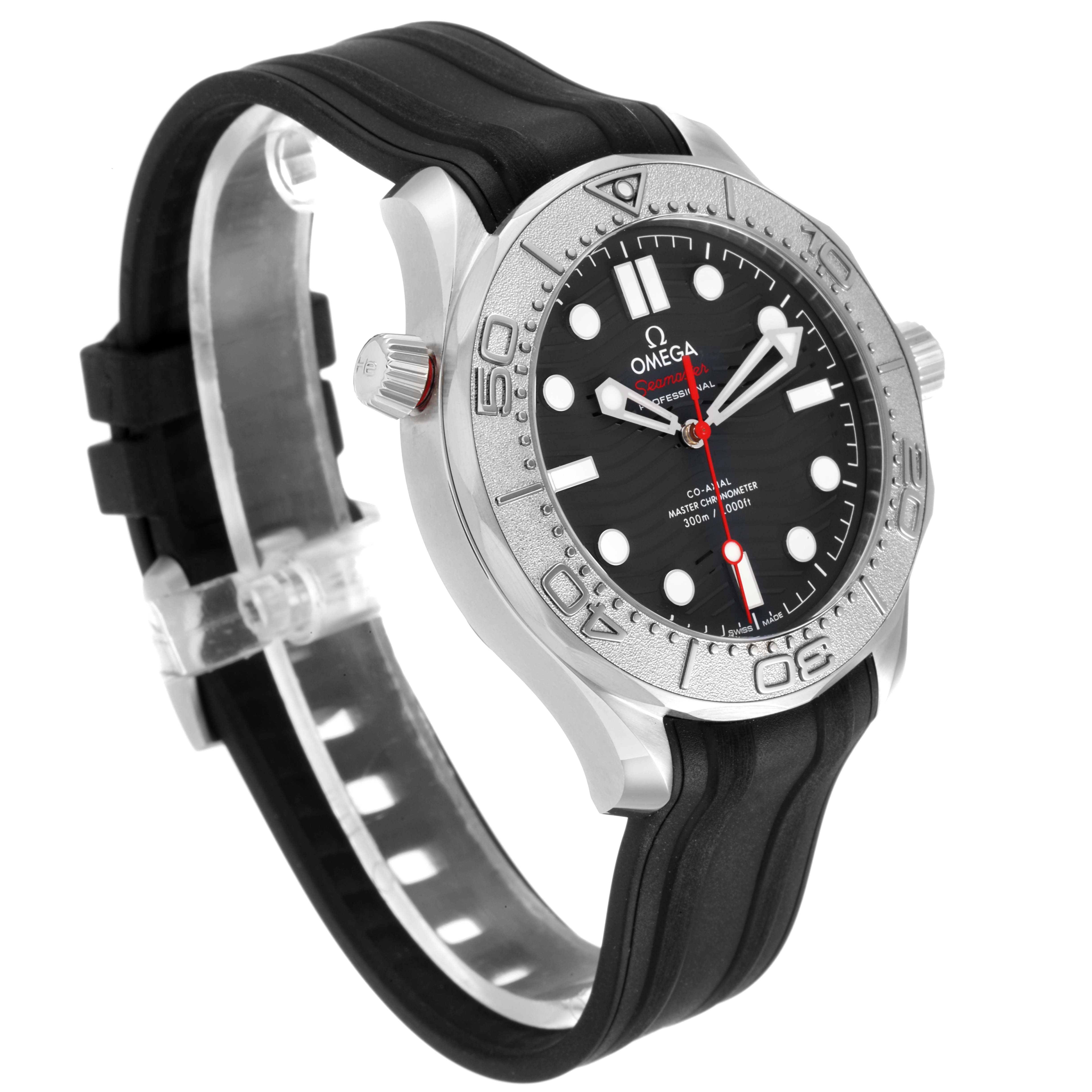 The Omega Seamaster 210.32.42.20.01.002 Men's Stainless Steel Black Dial 210.32.42.20.01.002 Men's Stainless Steel Black Dial watch is shown at a three-quarter angle, displaying its face, bezel, and black rubber strap.