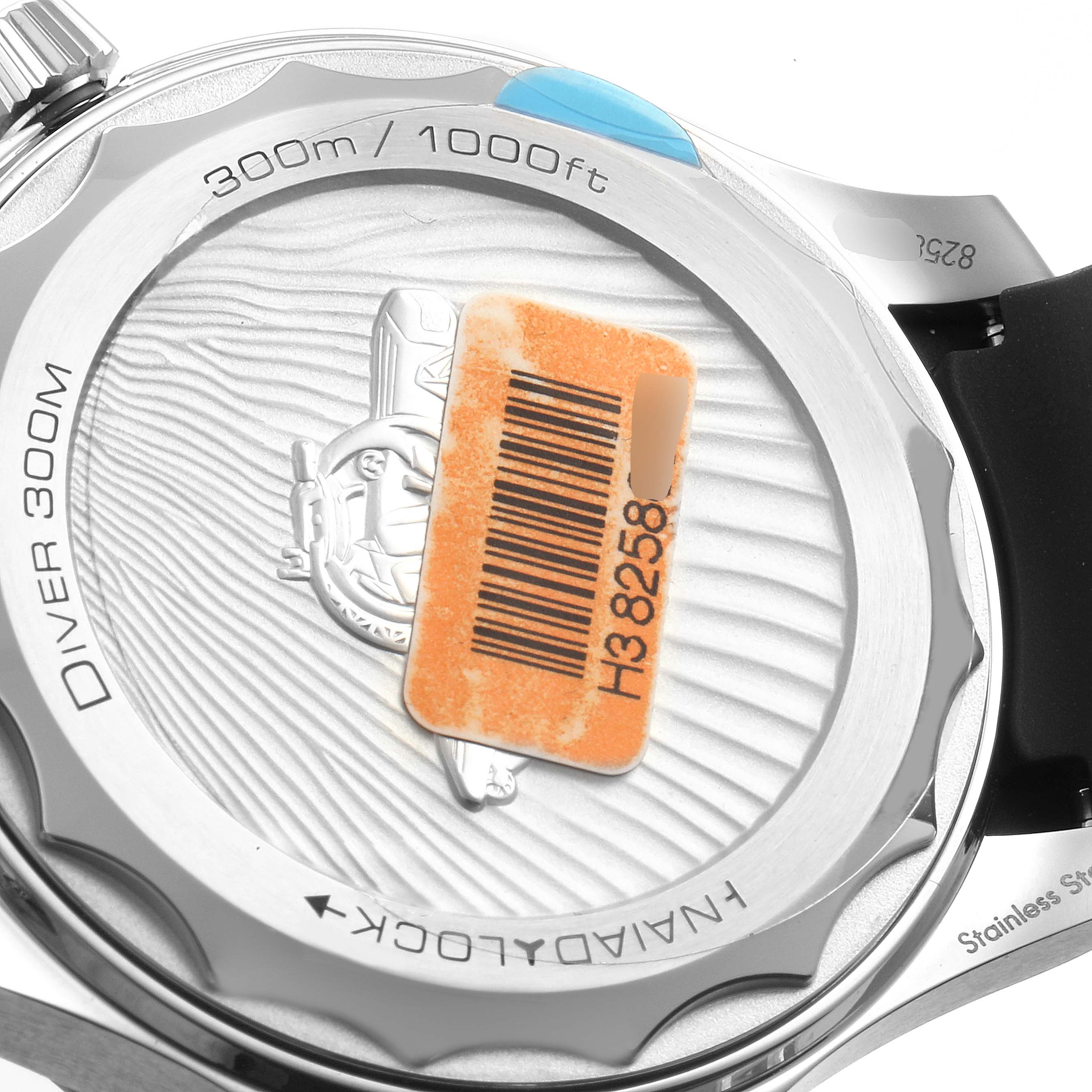 The image shows the back case of an Omega Seamaster 210.32.42.20.01.002 Men's Stainless Steel Black Dial 210.32.42.20.01.002 Men's Stainless Steel Black Dial watch, highlighting its water resistance and strap attachment.