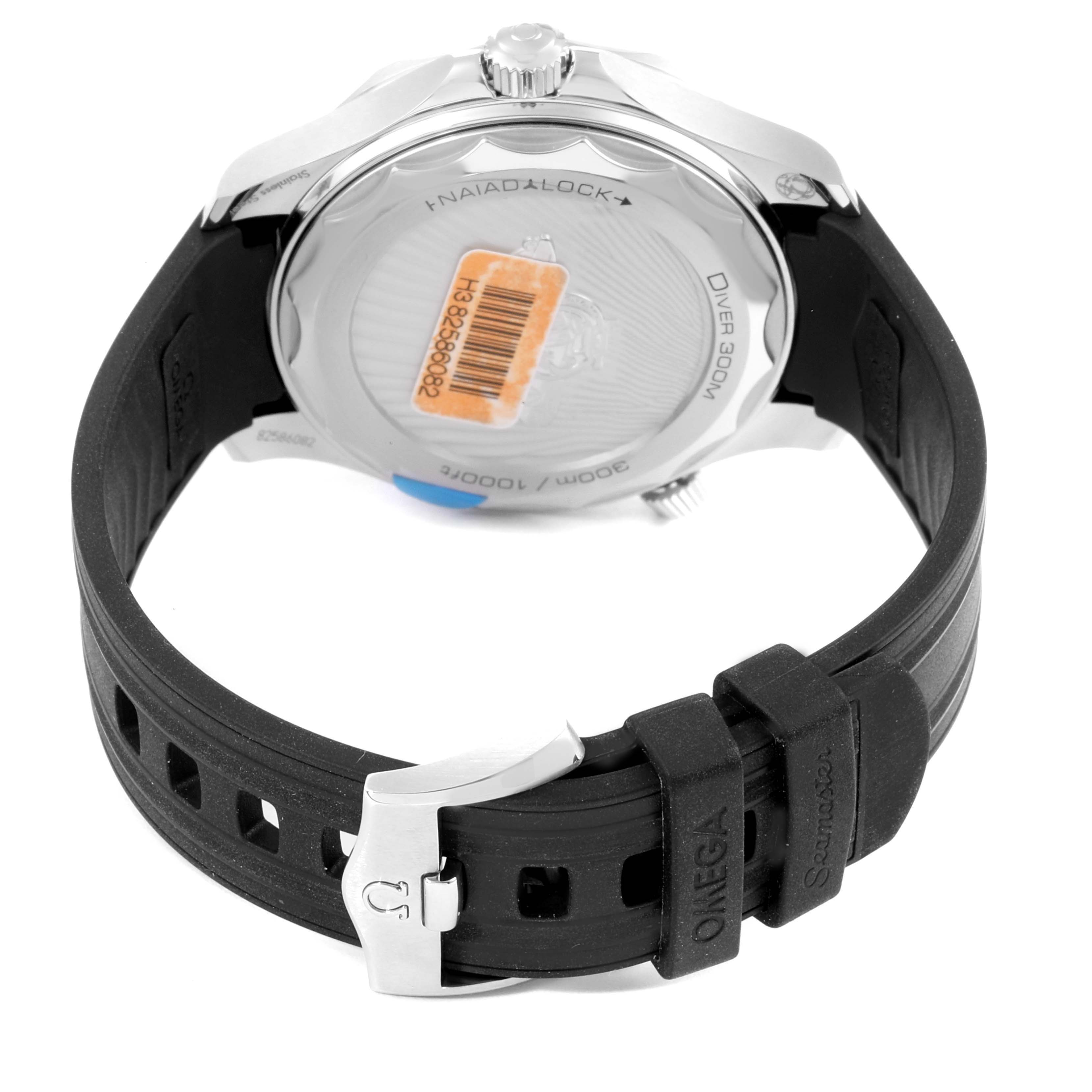 The image shows the back view of an Omega Seamaster 210.32.42.20.01.002 Men's Stainless Steel Black Dial 210.32.42.20.01.002 Men's Stainless Steel Black Dial watch, highlighting the case back and the black rubber strap with the buckle.