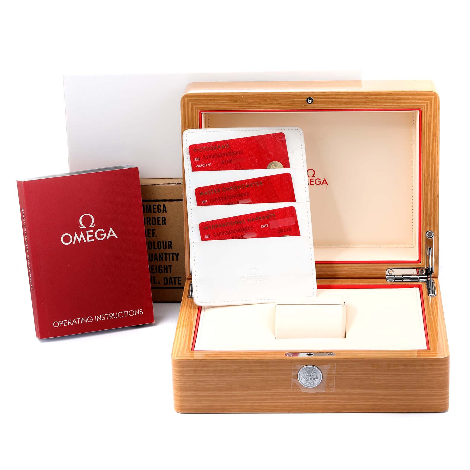 The image shows the packaging and accessories for the Omega Seamaster 210.32.42.20.01.002 Men's Stainless Steel Black Dial 210.32.42.20.01.002 Men's Stainless Steel Black Dial, including the box, operating instructions, and warranty cards.