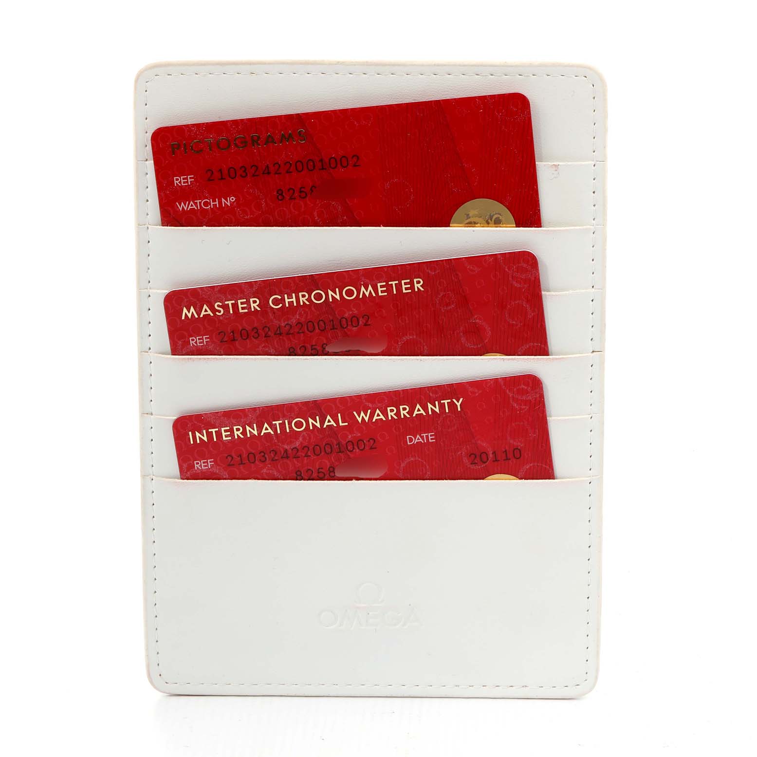 This image shows a white cardholder with warranty and certification cards for an Omega Seamaster 210.32.42.20.01.002 Men's Stainless Steel Black Dial 210.32.42.20.01.002 Men's Stainless Steel Black Dial watch.