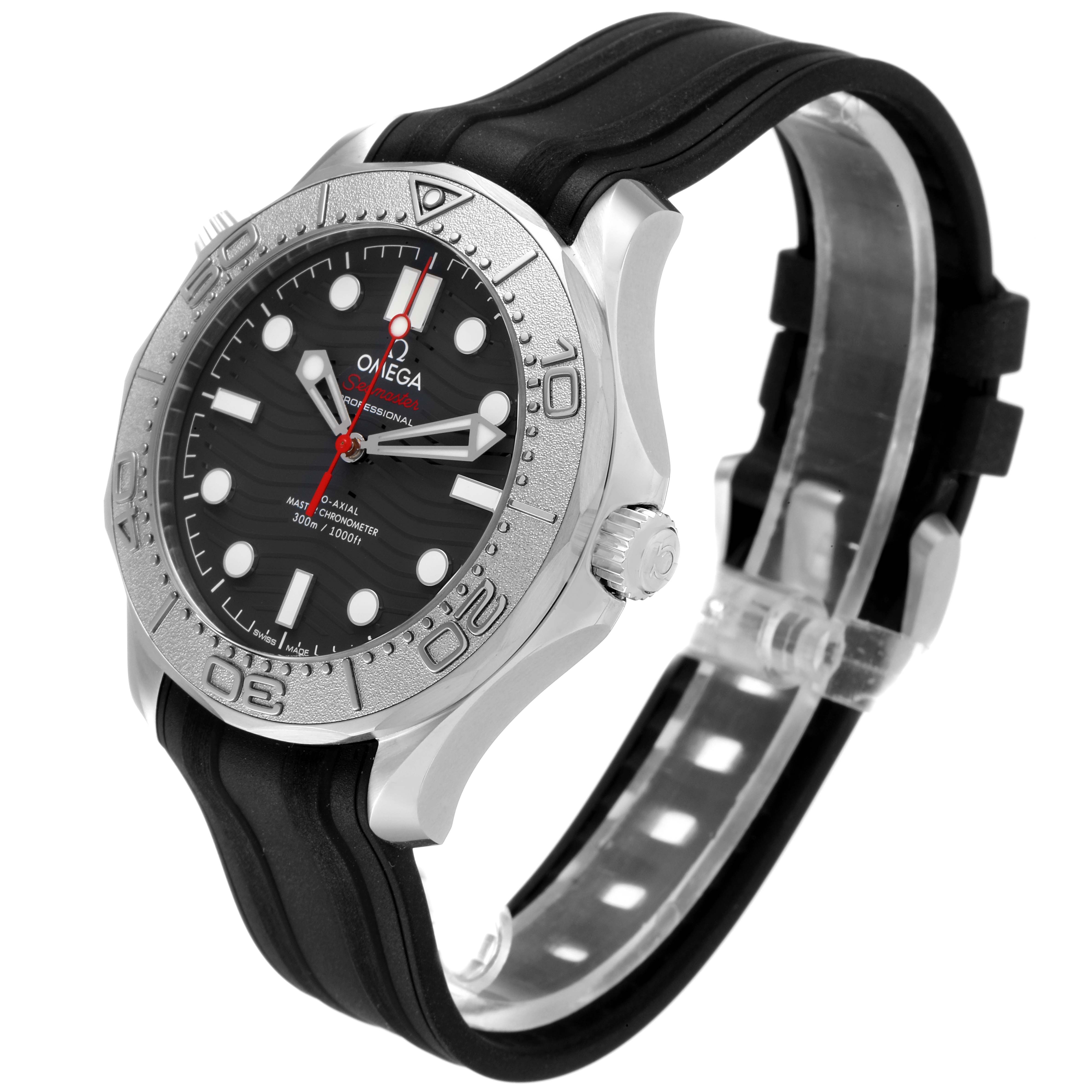 The image shows an angled view of an Omega Seamaster 210.32.42.20.01.002 Men's Stainless Steel Black Dial 210.32.42.20.01.002 Men's Stainless Steel Black Dial watch featuring the face, bezel, and black rubber strap.