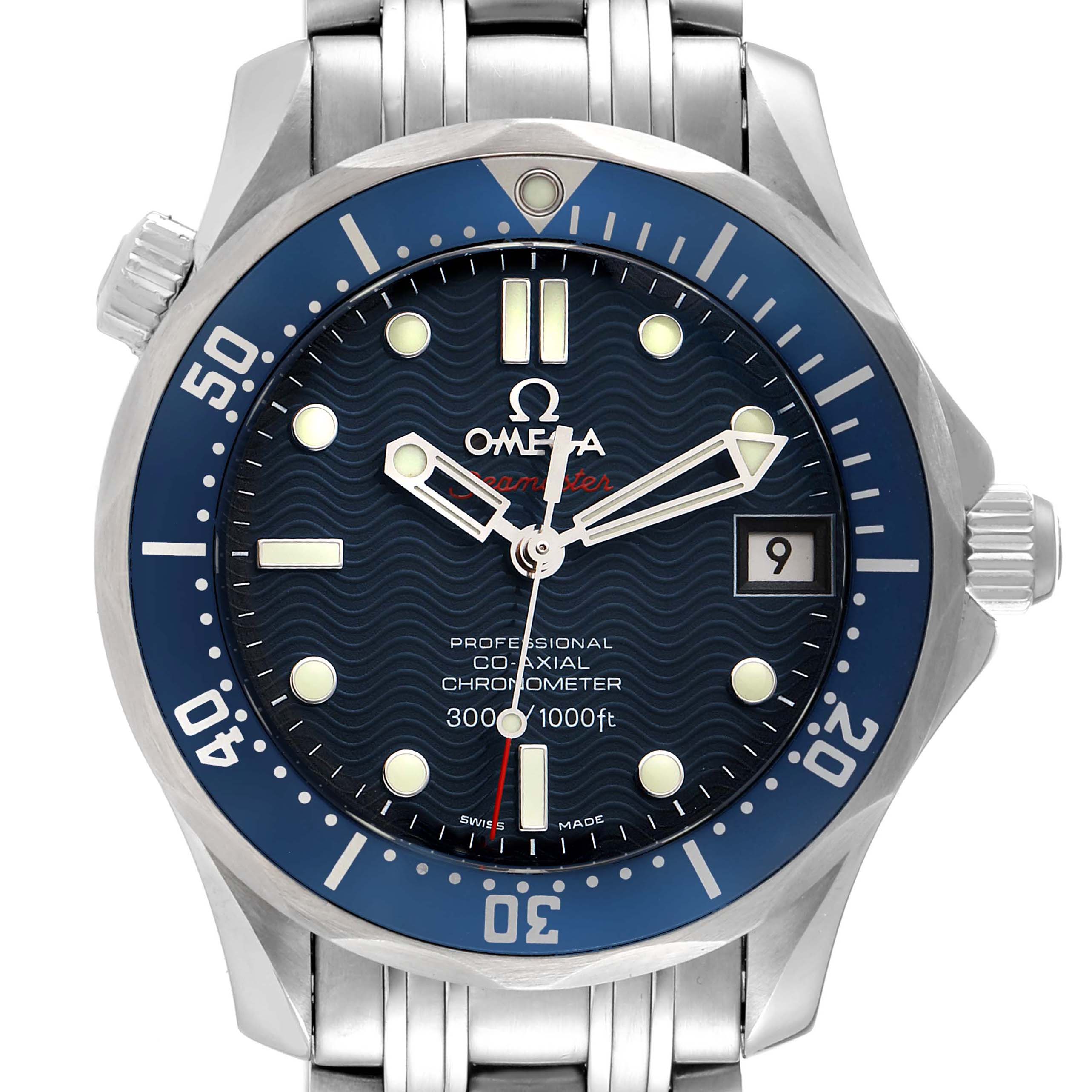 The image shows a front view of the Omega Seamaster 2222.80.00 Men's Stainless Steel Blue Dial 2222.80.00 Men's Stainless Steel Blue Dial watch, highlighting its dial, bezel, hands, and part of the bracelet.