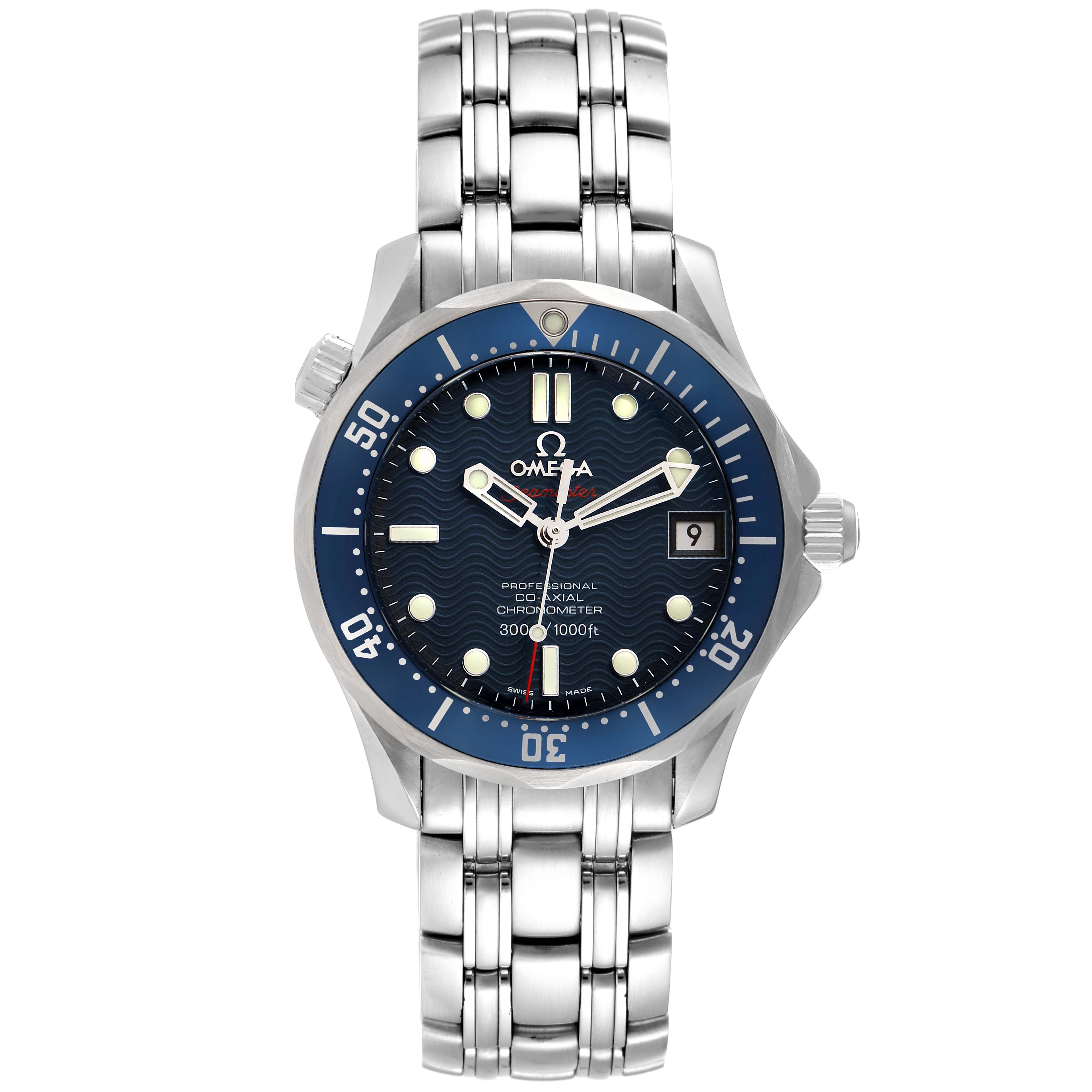 The Omega Seamaster 2222.80.00 Men's Stainless Steel Blue Dial 2222.80.00 Men's Stainless Steel Blue Dial watch is shown from the front, displaying its dial, bezel, case, and metal bracelet.