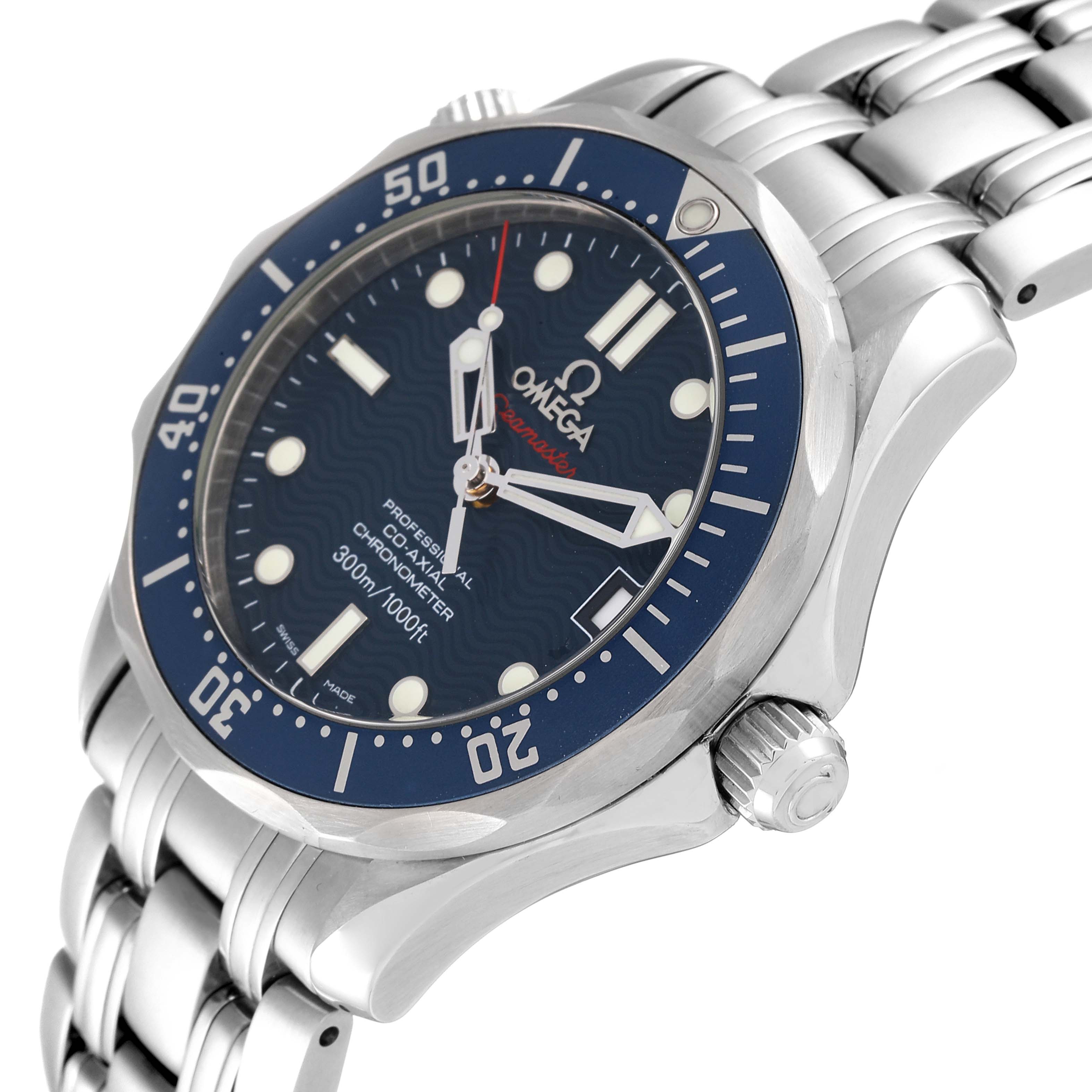 This image shows an angled view of the Omega Seamaster 2222.80.00 Men's Stainless Steel Blue Dial 2222.80.00 Men's Stainless Steel Blue Dial watch featuring the dial, bezel, crown, and part of the bracelet.