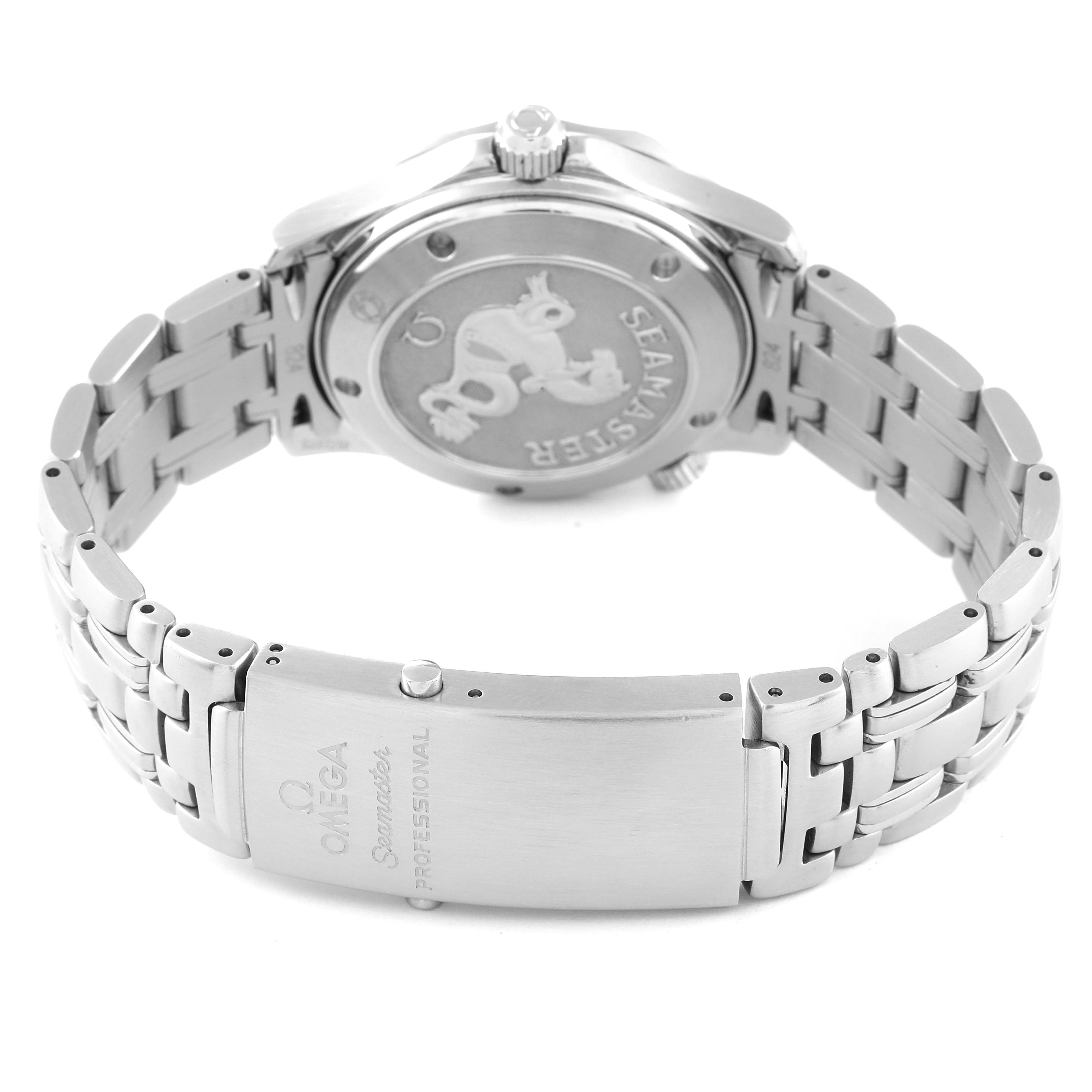 This image shows the back case and bracelet clasp of the Omega Seamaster 2222.80.00 Men's Stainless Steel Blue Dial 2222.80.00 Men's Stainless Steel Blue Dial watch, highlighting its stainless steel design.