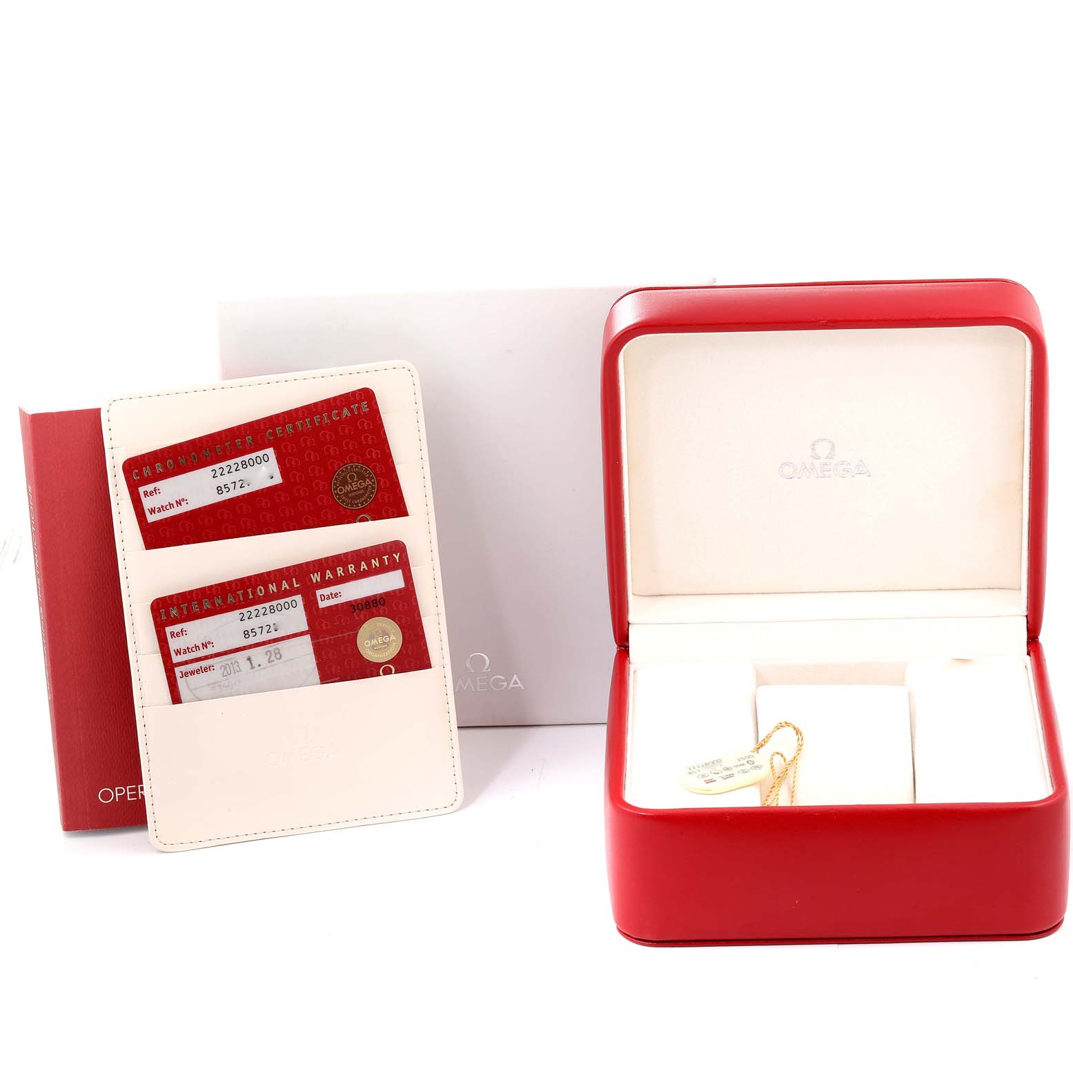 The image shows an Omega Seamaster 2222.80.00 Men's Stainless Steel Blue Dial 2222.80.00 Men's Stainless Steel Blue Dial box, warranty cards, and operating instructions.