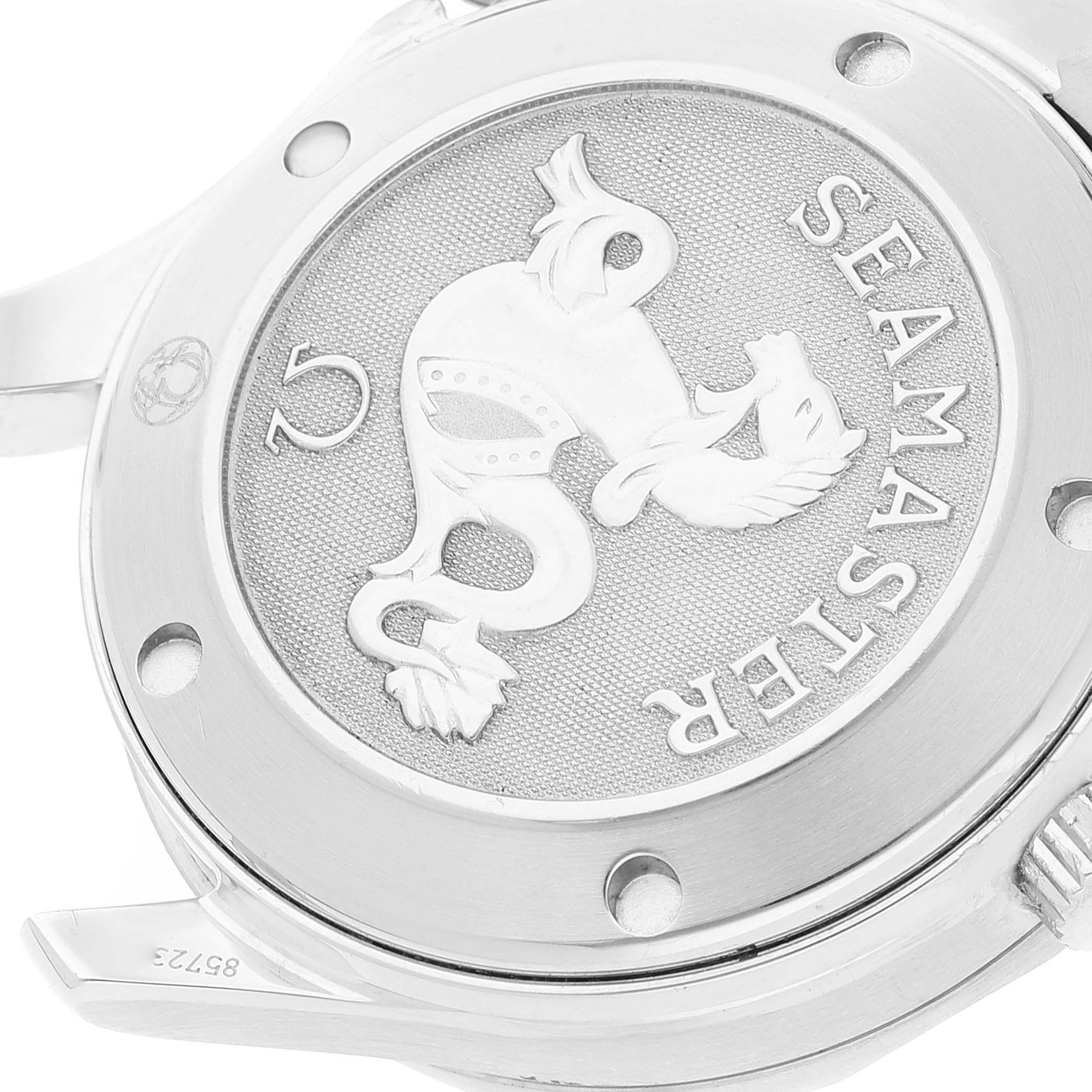 The image shows the case back of the Omega Seamaster 2222.80.00 Men's Stainless Steel Blue Dial 2222.80.00 Men's Stainless Steel Blue Dial watch, featuring the engraved Seahorse emblem and model details.