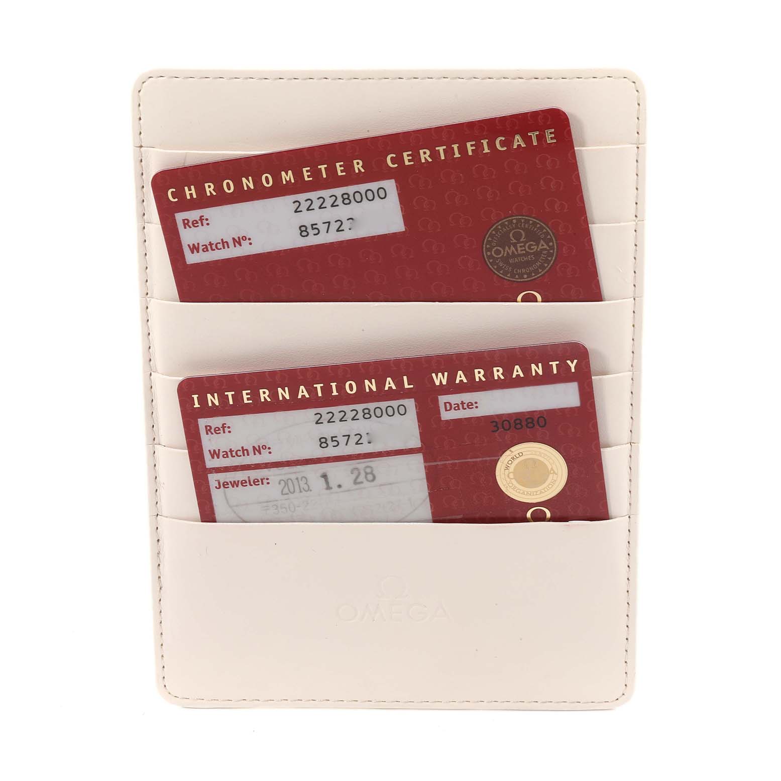 The image shows the Chronometer Certificate and International Warranty cards for the Omega Seamaster 2222.80.00 Men's Stainless Steel Blue Dial 2222.80.00 Men's Stainless Steel Blue Dial watch, in a cardholder.