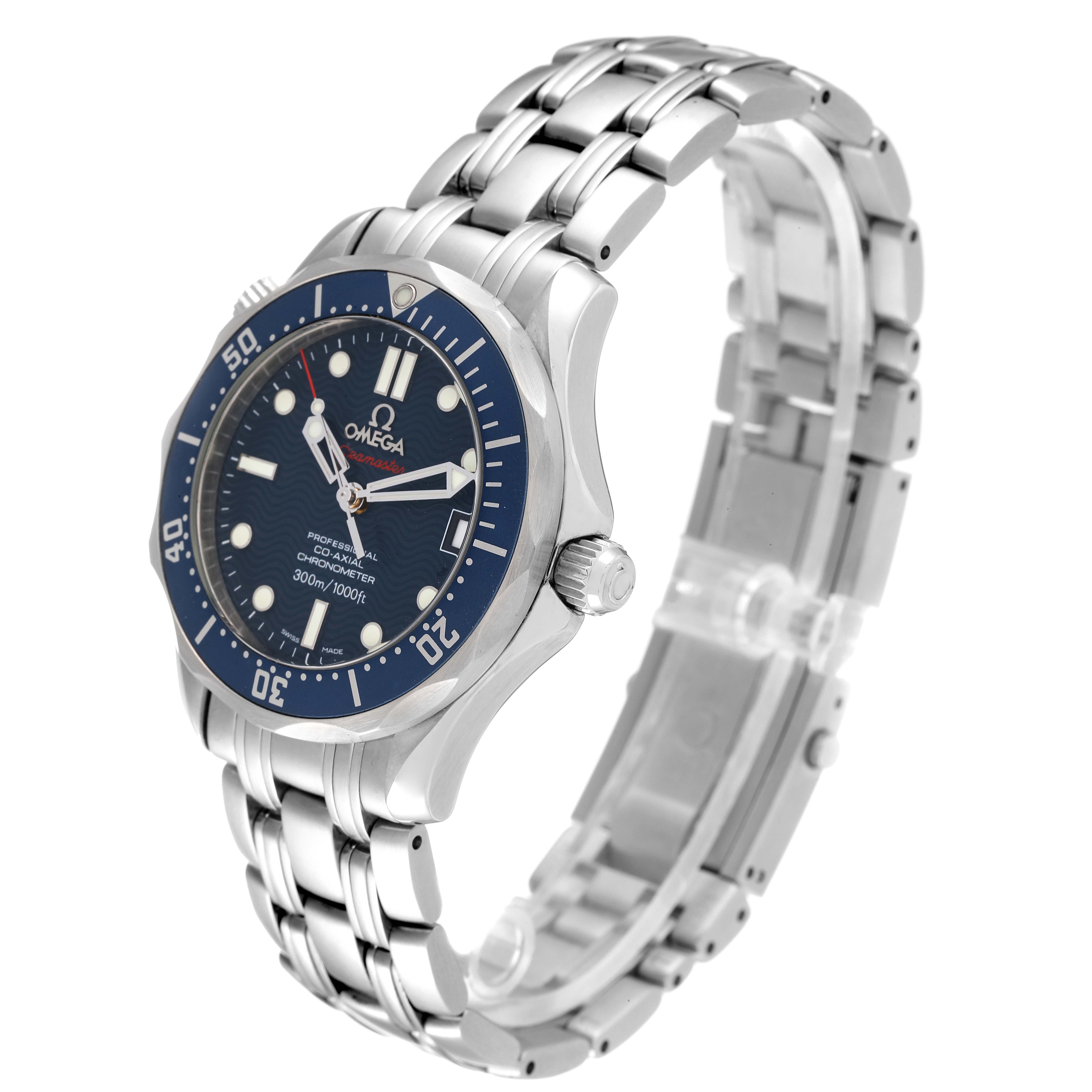 This image shows an Omega Seamaster 2222.80.00 Men's Stainless Steel Blue Dial 2222.80.00 Men's Stainless Steel Blue Dial watch from a front-left angle, highlighting the bezel, dial, and steel bracelet.