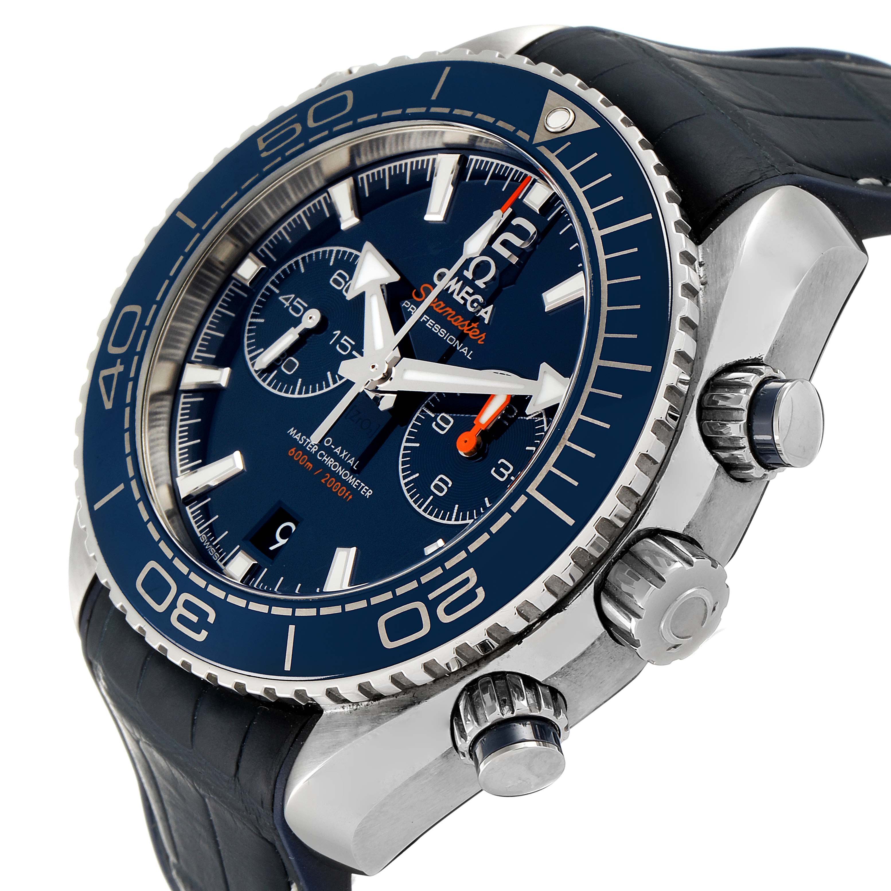 This Omega Planet Ocean 215.33.46.51.03.001 Men's Stainless Steel Blue Dial 215.33.46.51.03.001 Men's Stainless Steel Blue Dial watch is shown from an angled side view, highlighting the dial, bezel, and crown.