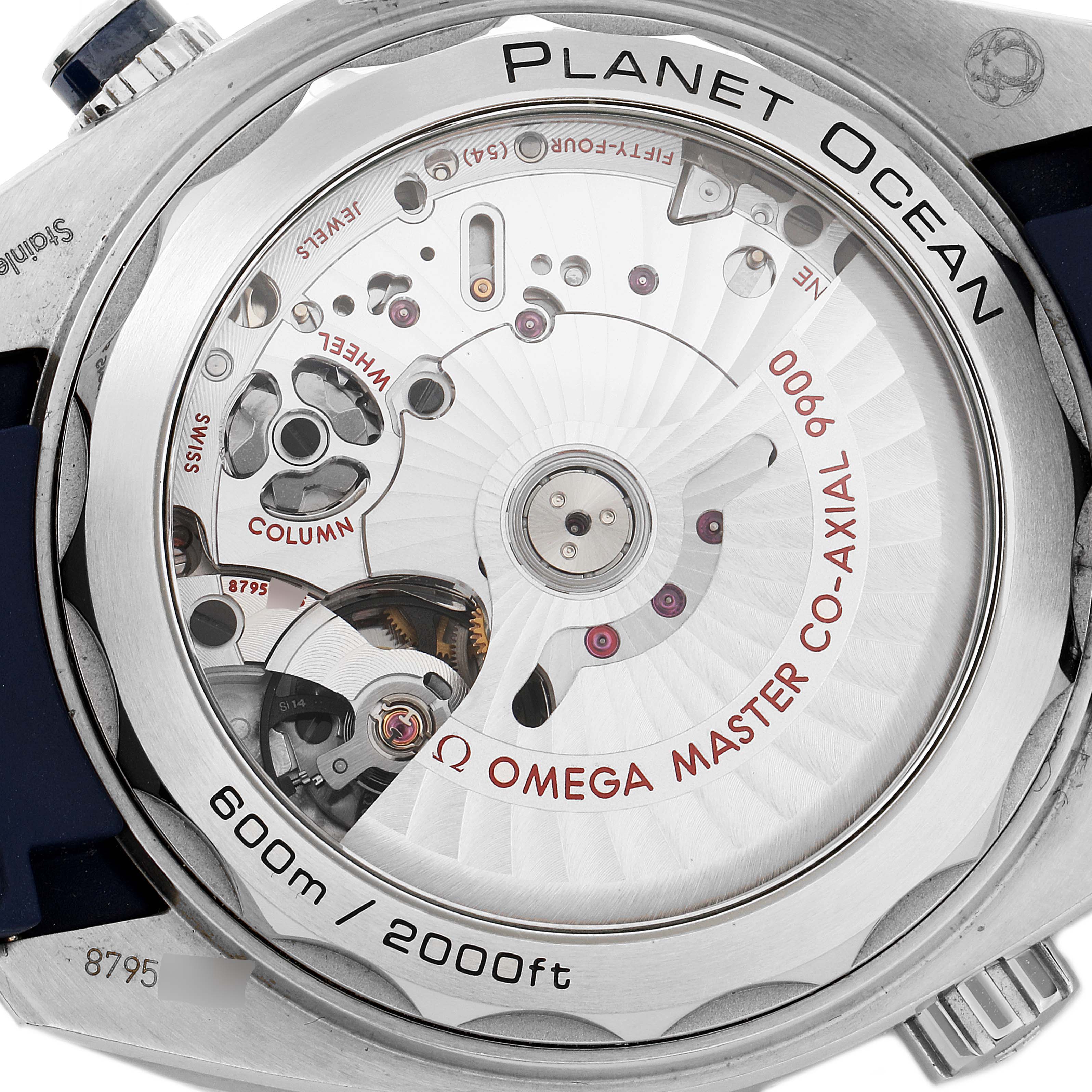 This image shows the back of the Omega Planet Ocean 215.33.46.51.03.001 Men's Stainless Steel Blue Dial 215.33.46.51.03.001 Men's Stainless Steel Blue Dial watch, highlighting the movement and details like "600m/2000ft" and "Omega Master Co-Axial 8900".