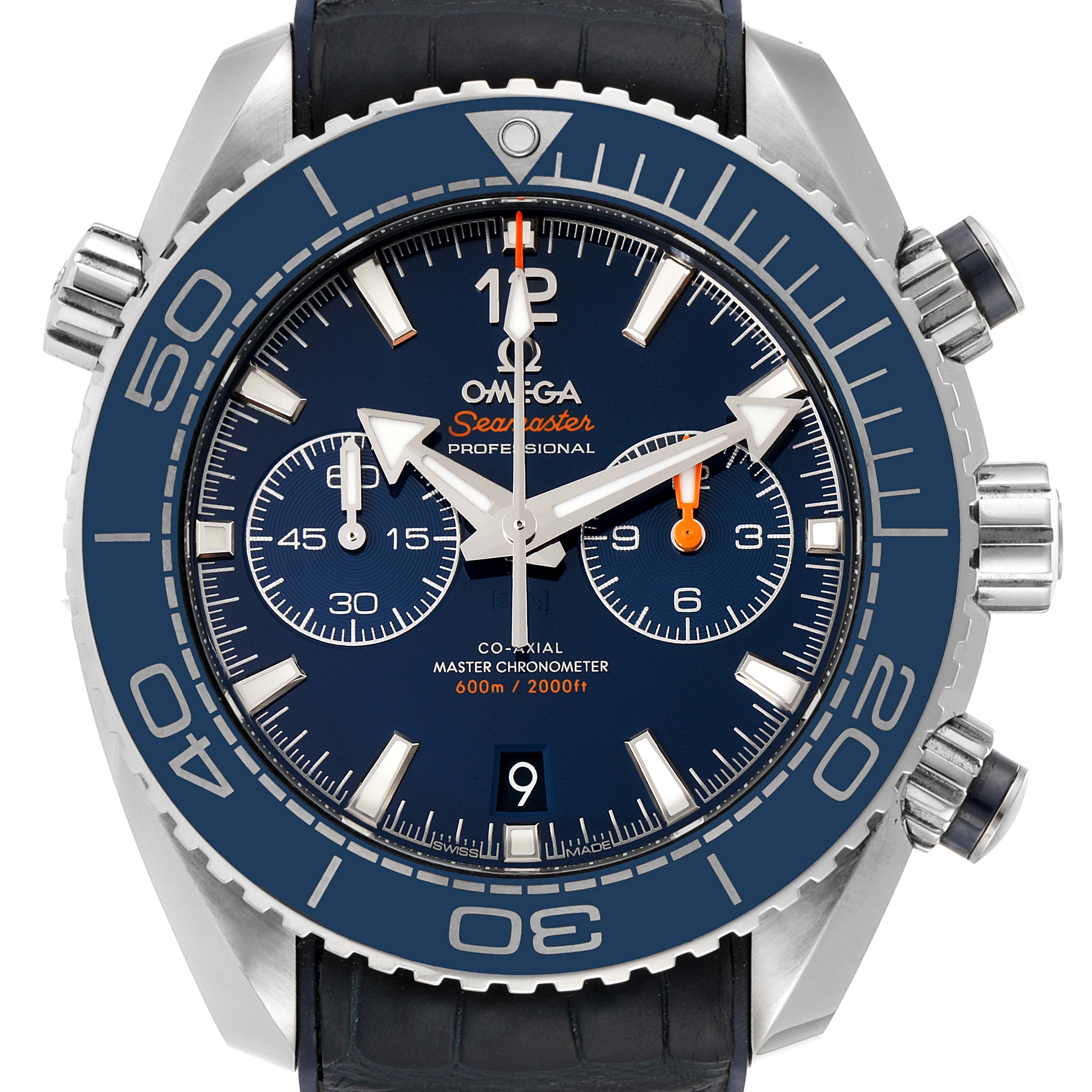 This image shows a front view of the Omega Planet Ocean 215.33.46.51.03.001 Men's Stainless Steel Blue Dial 215.33.46.51.03.001 Men's Stainless Steel Blue Dial Seamaster watch, highlighting its dial, bezel, and chronograph sub-dials.