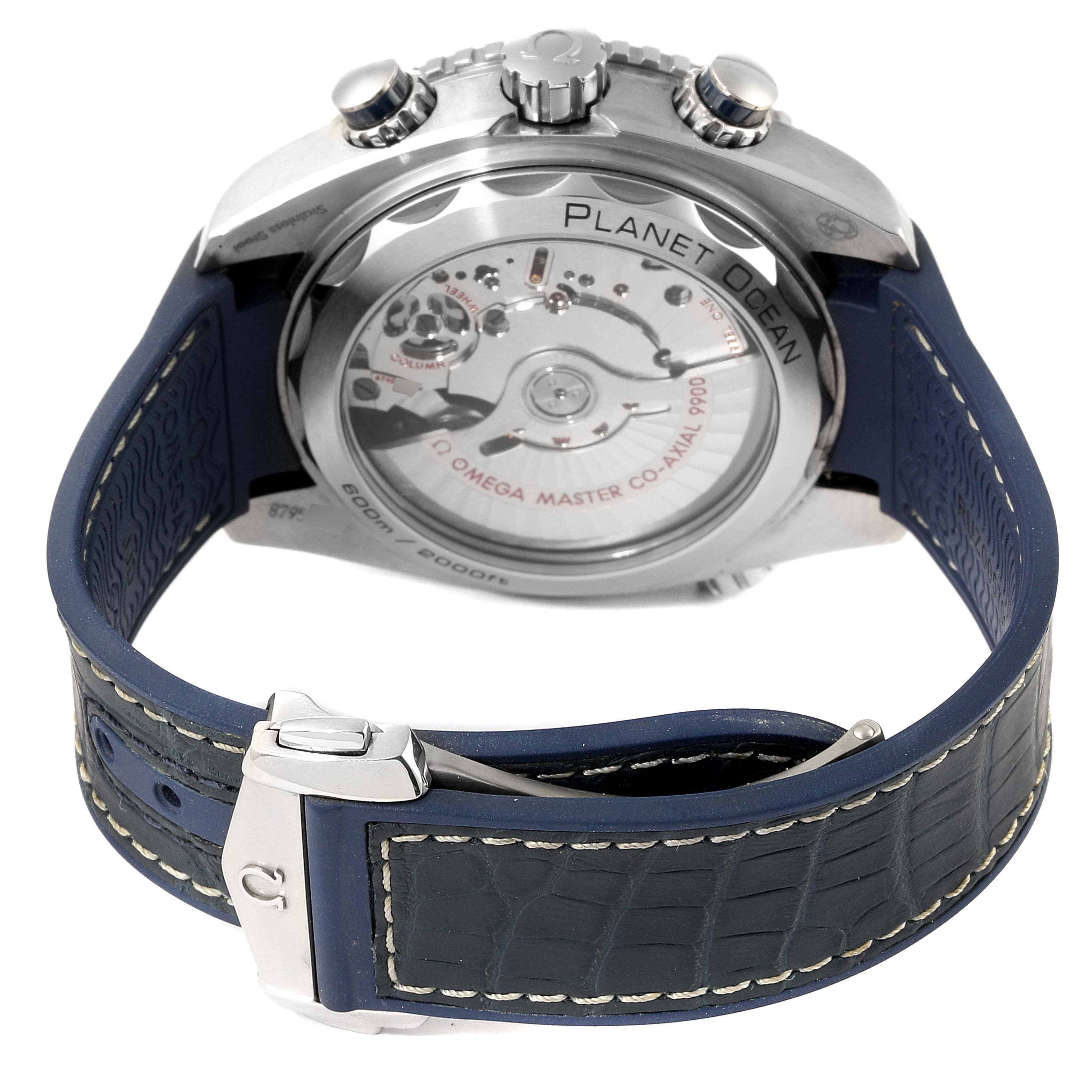 This image shows the back view of the Omega Planet Ocean 215.33.46.51.03.001 Men's Stainless Steel Blue Dial 215.33.46.51.03.001 Men's Stainless Steel Blue Dial watch, including its movement and the blue strap.