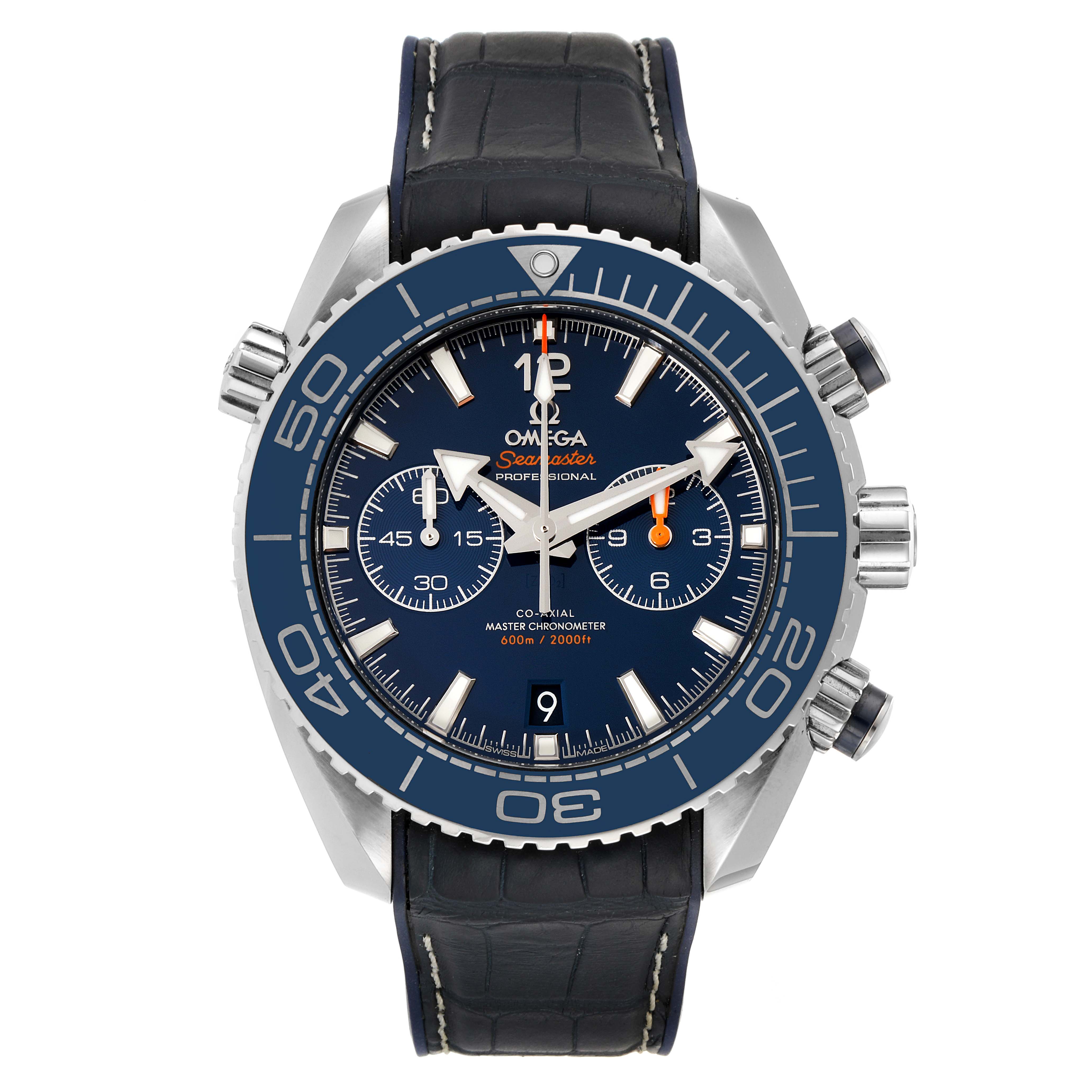 The image shows a front view of the Omega Planet Ocean 215.33.46.51.03.001 Men's Stainless Steel Blue Dial 215.33.46.51.03.001 Men's Stainless Steel Blue Dial watch, highlighting its blue dial, bezel, and leather strap.