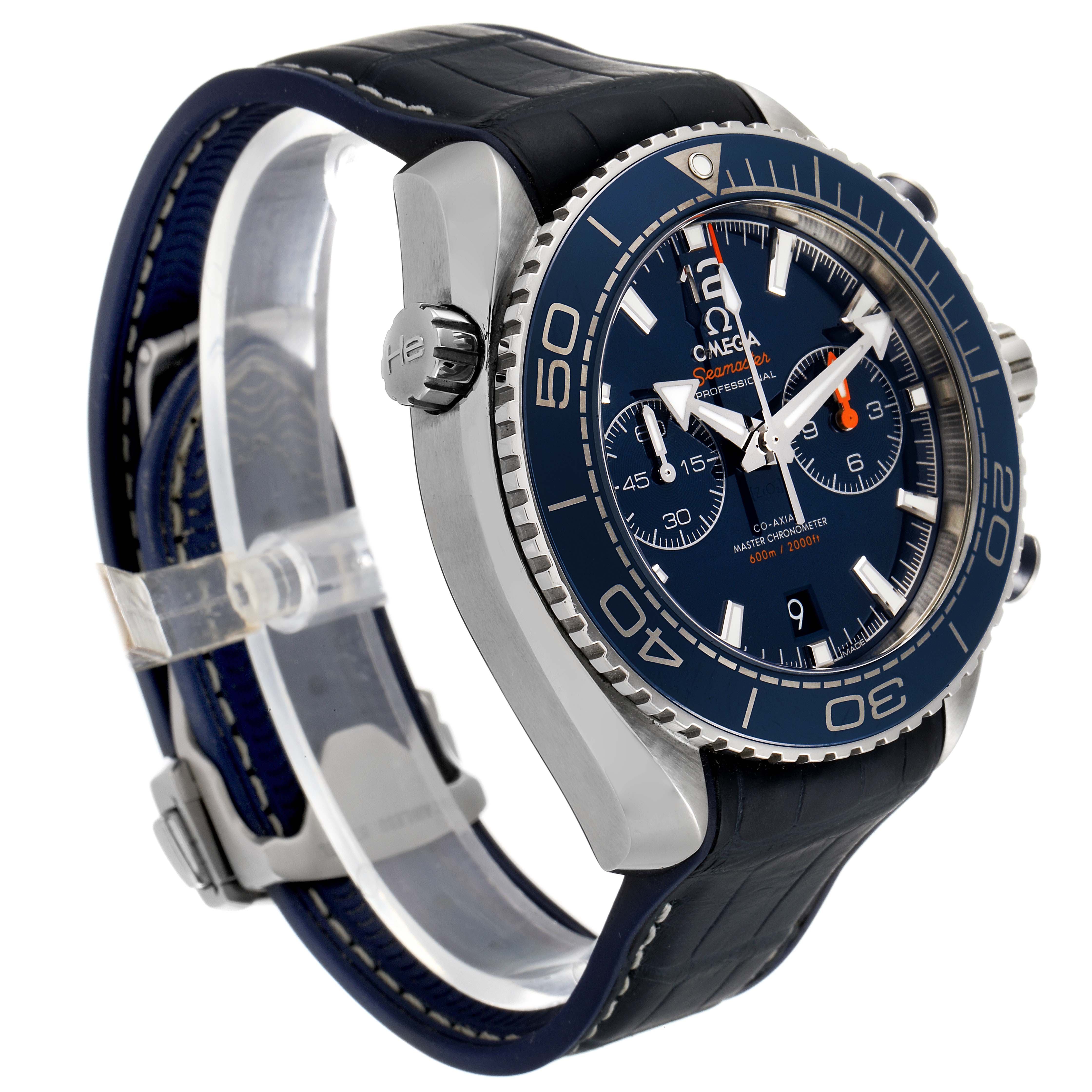 The Omega Planet Ocean 215.33.46.51.03.001 Men's Stainless Steel Blue Dial 215.33.46.51.03.001 Men's Stainless Steel Blue Dial watch is shown at a front-left angle, highlighting its bezel, dial, and strap.