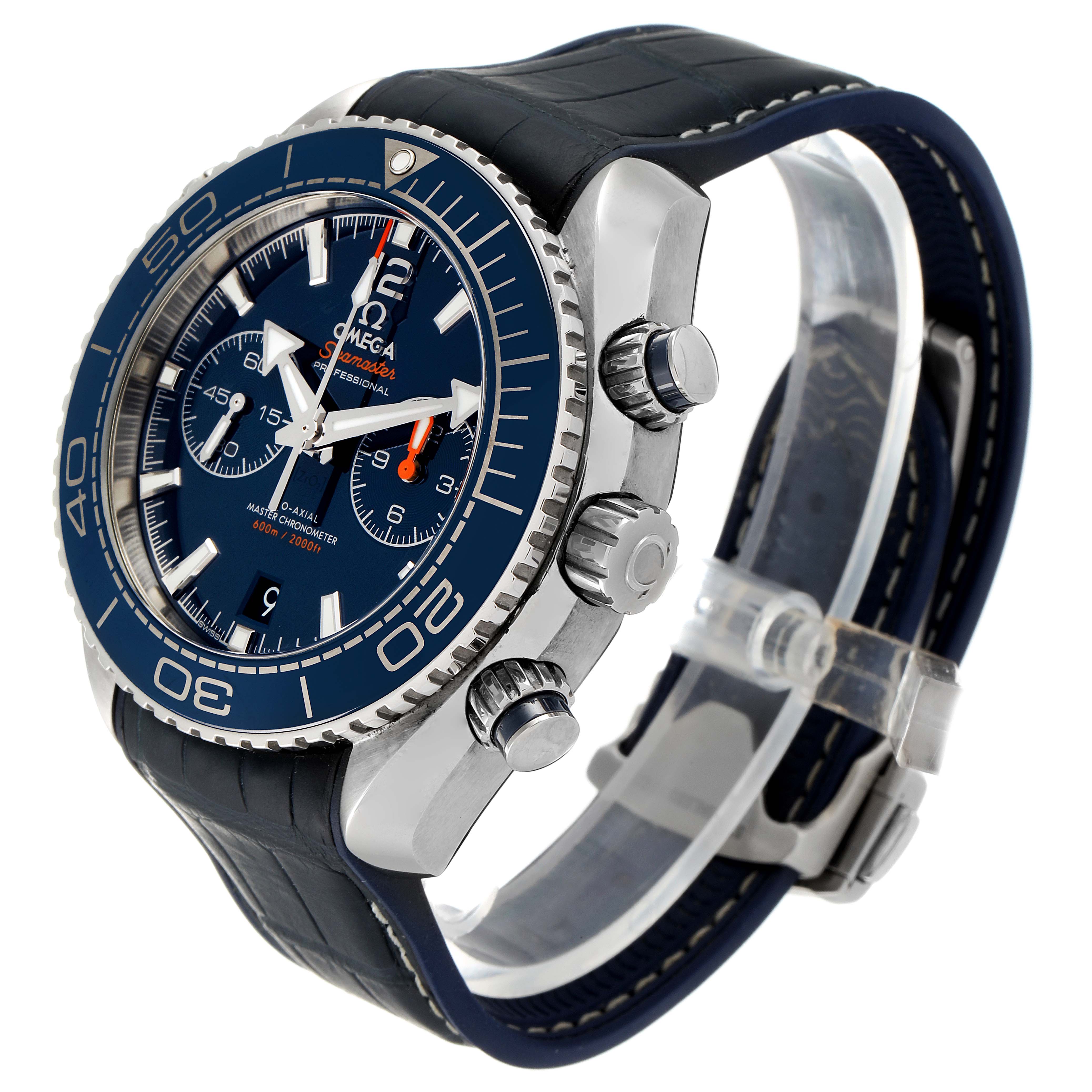 This image shows a side angle of the Omega Planet Ocean 215.33.46.51.03.001 Men's Stainless Steel Blue Dial 215.33.46.51.03.001 Men's Stainless Steel Blue Dial watch, highlighting its bezel, crown, and strap.