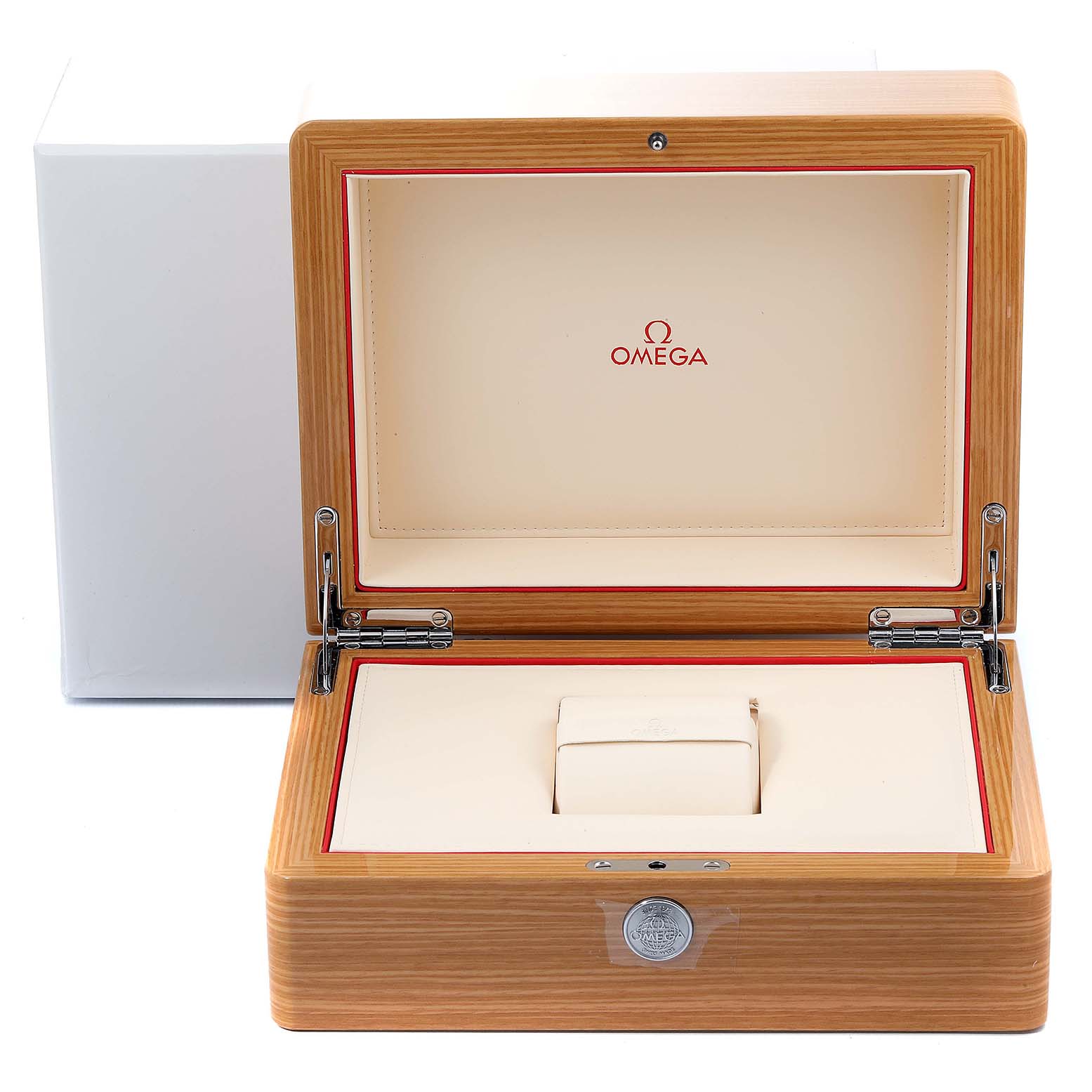 This image shows an open wooden Omega Planet Ocean 215.33.46.51.03.001 Men's Stainless Steel Blue Dial 215.33.46.51.03.001 Men's Stainless Steel Blue Dial watch box with cushions for holding the watch.