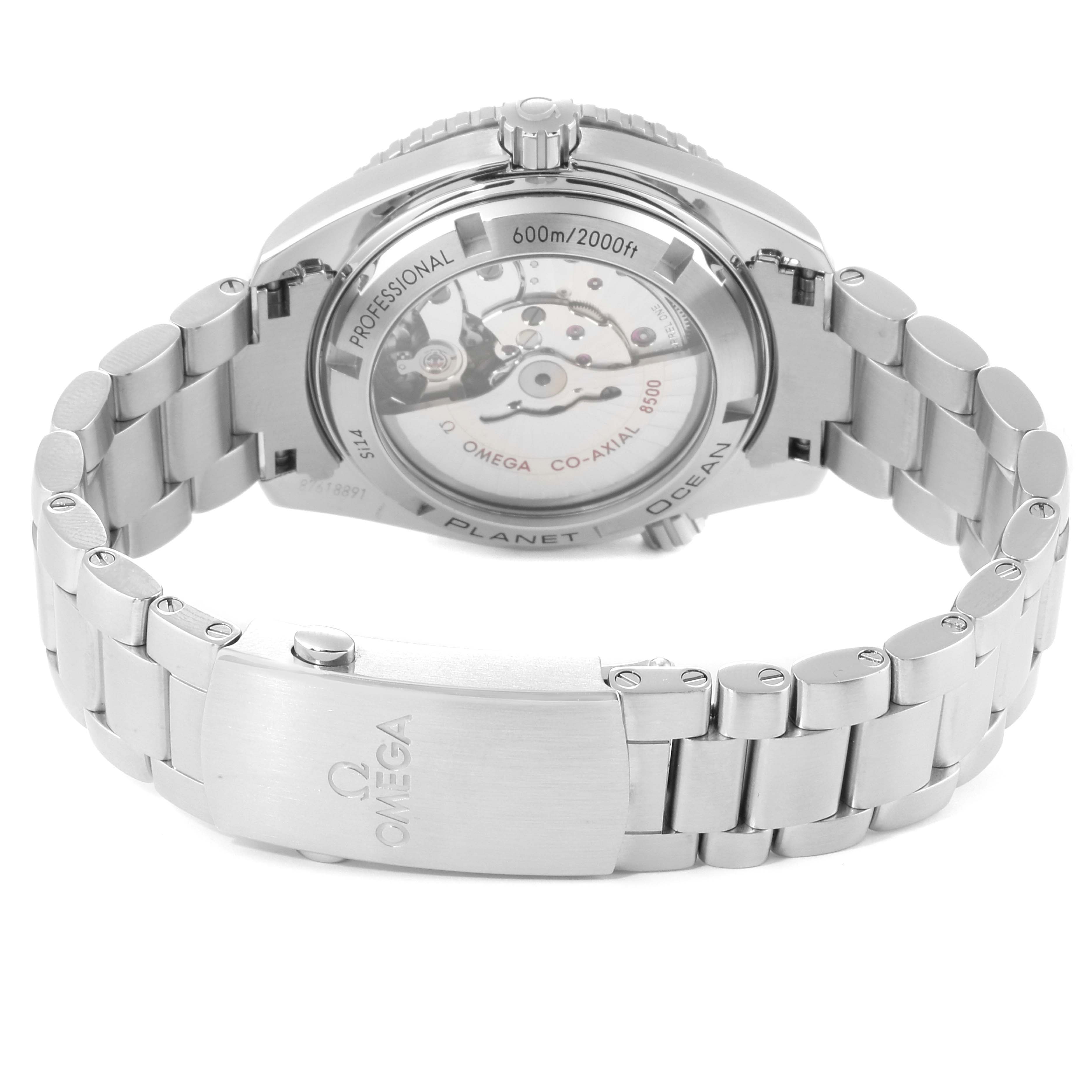 This image shows the back and clasp of the Omega Planet Ocean 232.30.42.21.01.002 Men
s Stainless Steel Black Dial 232.30.42.21.01.002 Men
s Stainless Steel Black Dial watch, highlighting its stainless steel bracelet and open case back.