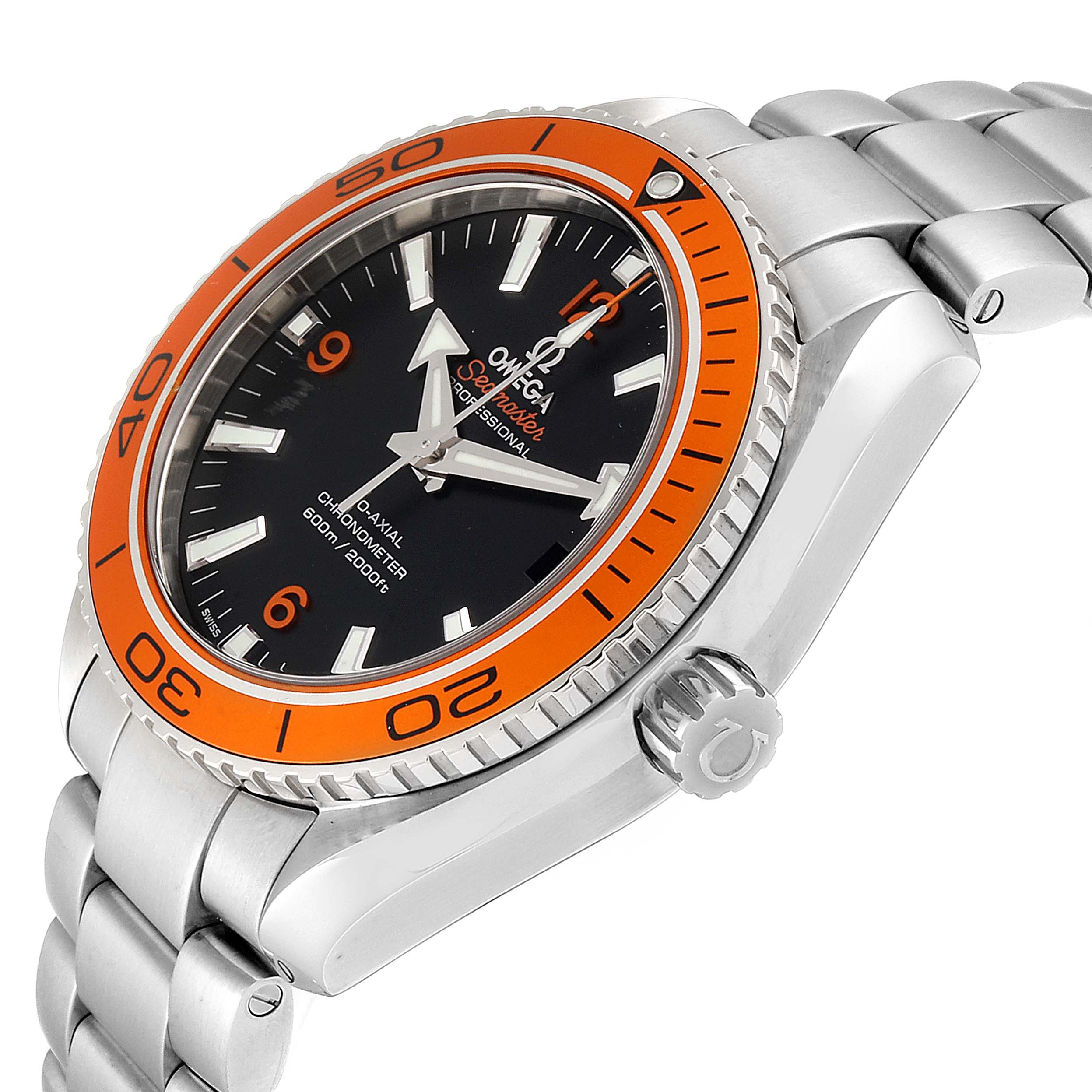 The image shows a side angle of the Omega Planet Ocean 232.30.42.21.01.002 Men
s Stainless Steel Black Dial 232.30.42.21.01.002 Men
s Stainless Steel Black Dial watch, highlighting its orange bezel, crown, and stainless steel bracelet.