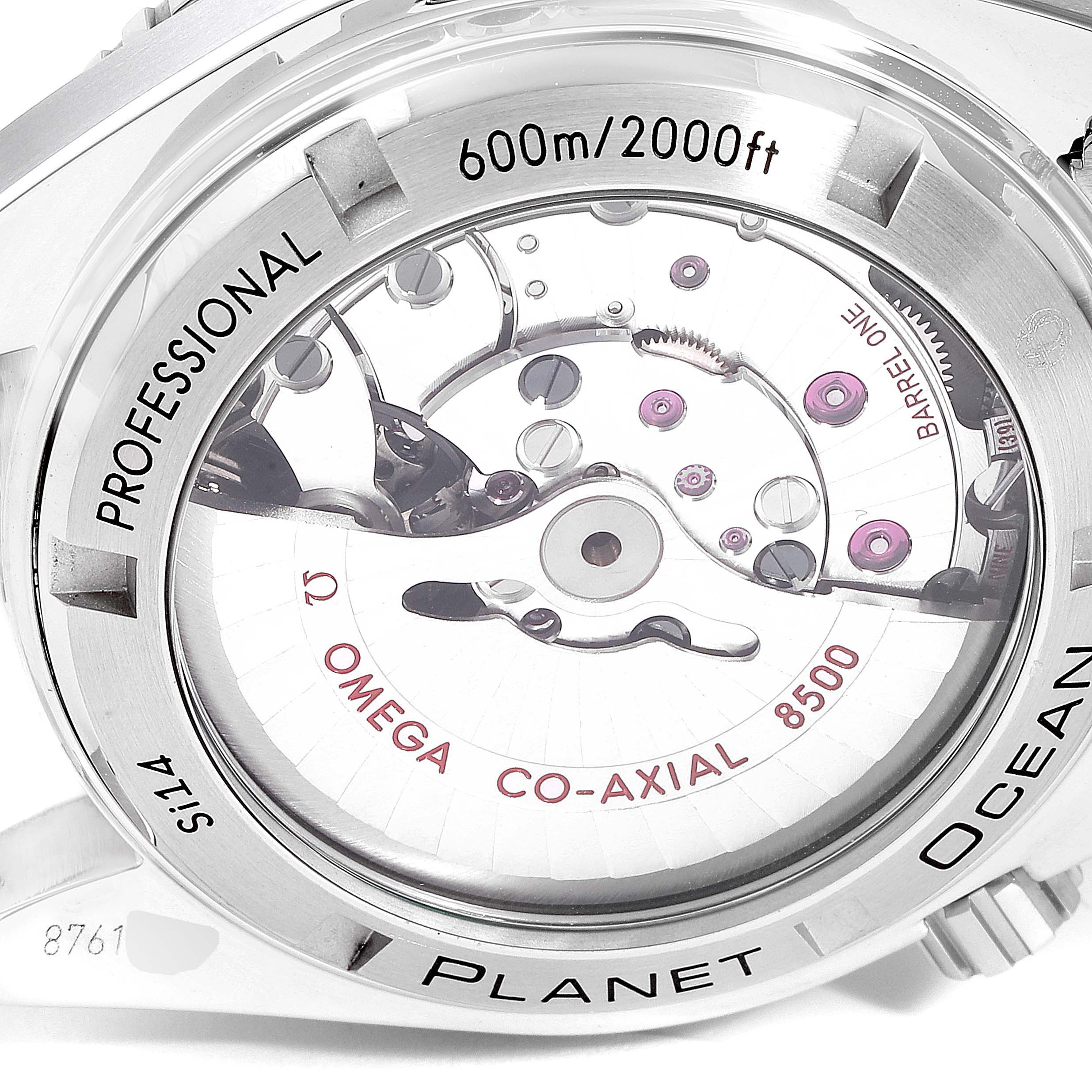 The image shows the back of the Omega Planet Ocean 232.30.42.21.01.002 Men
s Stainless Steel Black Dial 232.30.42.21.01.002 Men
s Stainless Steel Black Dial watch, highlighting the 8500 co-axial movement and depth rating.