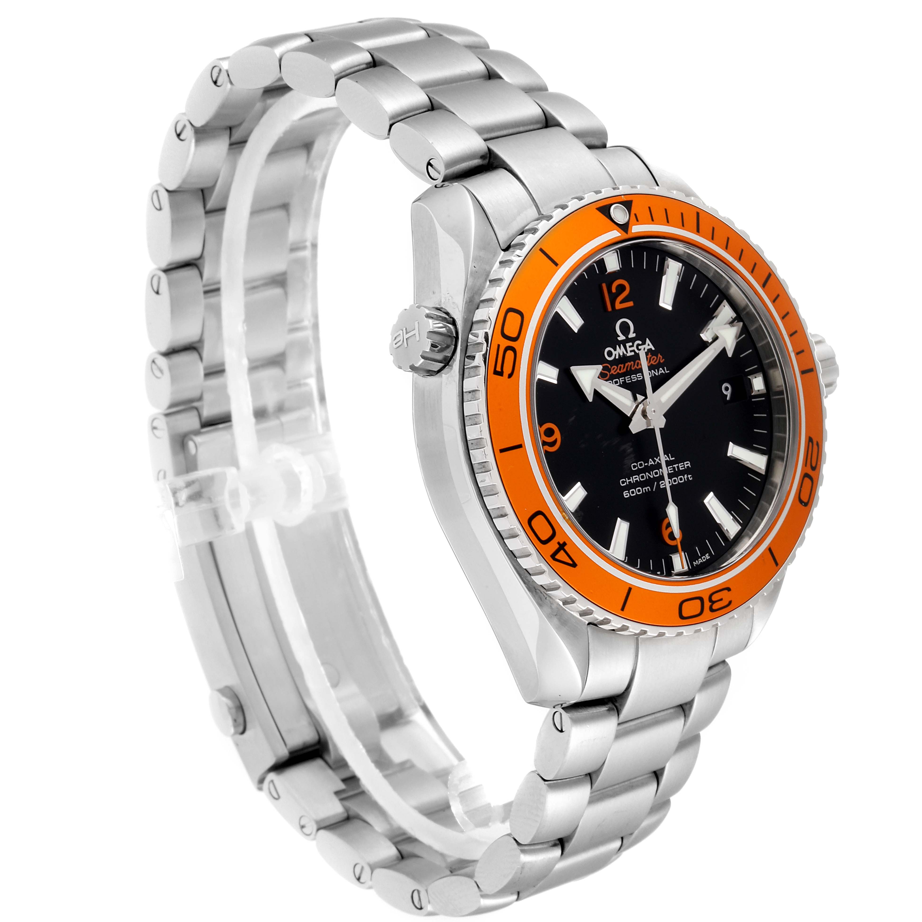 The image shows an Omega Planet Ocean 232.30.42.21.01.002 Men
s Stainless Steel Black Dial 232.30.42.21.01.002 Men
s Stainless Steel Black Dial watch at a three-quarter angle, highlighting its face, bezel, crown, and bracelet.